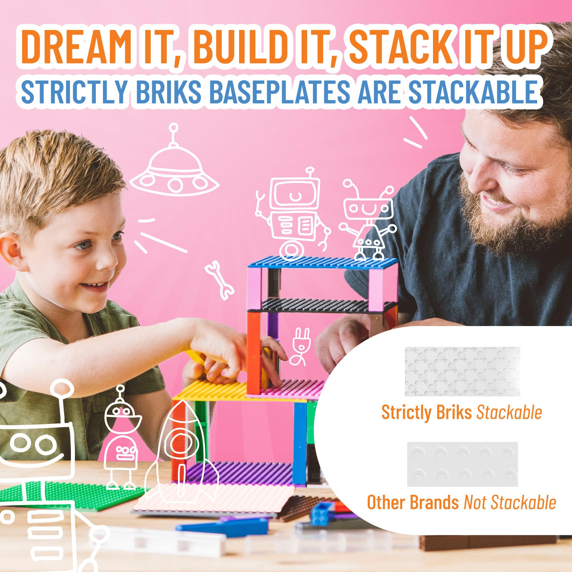 Strictly Briks Lego-Compatible Stackable Baseplates - 4 Pack (6x6 Inches) with 30 Building Bricks for Towers, Shelves & Creative Play - Red, Green, Blue & Yellow - Perfect for Kids' STEM Toys & Home Organization