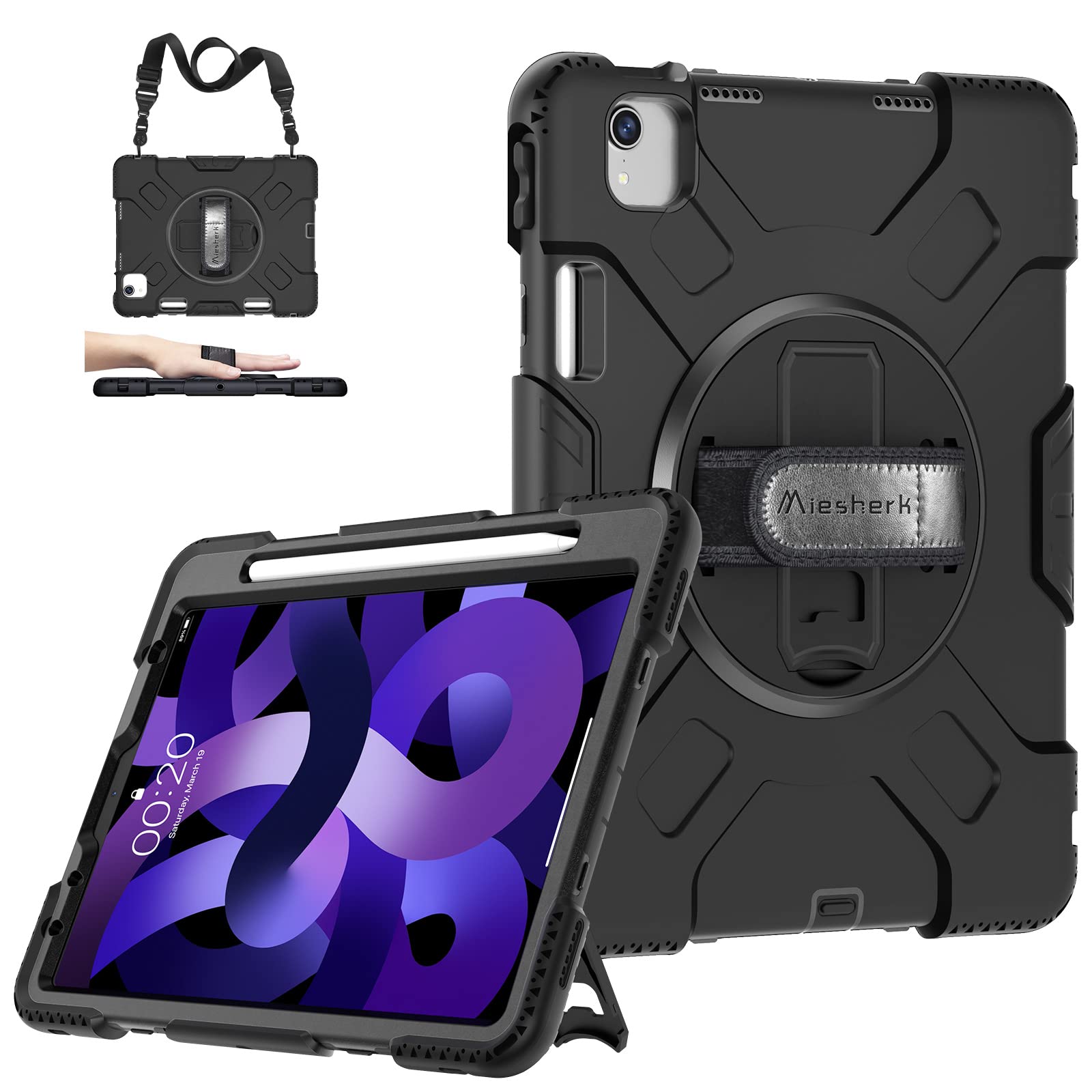 Premium iPad Air 5th/4th Gen Case (10.9 Inch 2022/2020 Model) - Military-Grade Shockproof Cover with 15ft Drop Protection, Built-in Pencil Holder, Adjustable Stand, Handle & Shoulder Strap - Perfect for Travel, Work & Outdoor Activities - Black