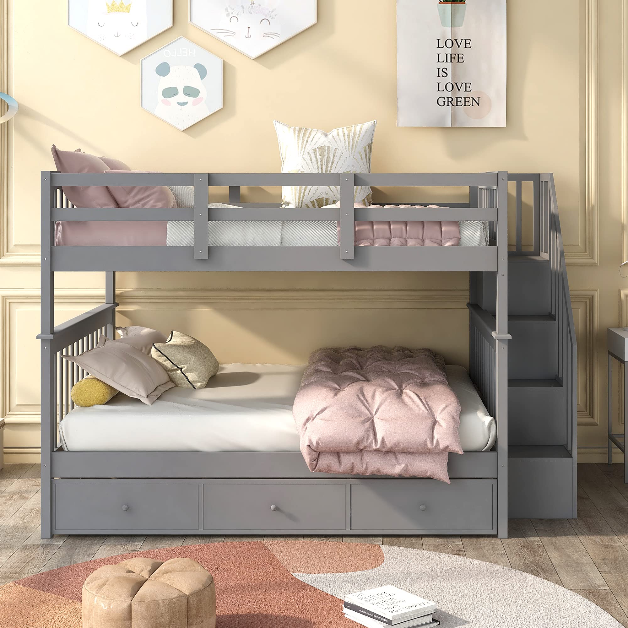 P PURLOVE Full Over Full Bunk Bed with Storage & Stairs - Convertible to 2 Twin Beds for Teens & Adults - Space Saving Solution for Small Rooms