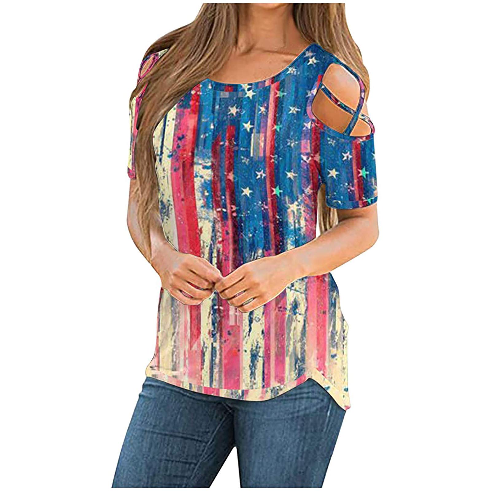 Women's Short Sleeve T-Shirts - American Flag & Sunflower Print Summer Tops for 4th of July, Casual Strappy Cold Shoulder Tees | Perfect for Beach Outings, BBQs, and Patriotic Celebrations