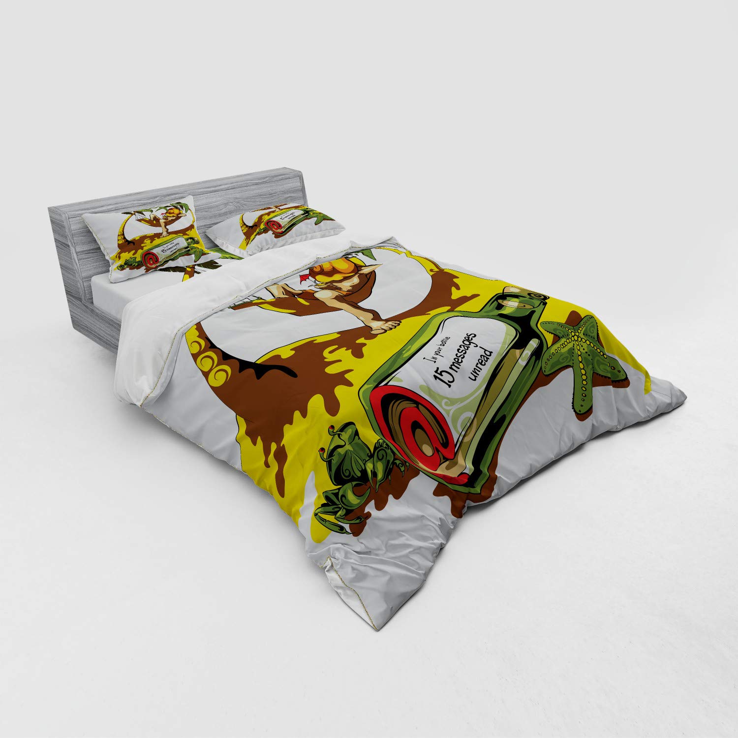 Ambesonne Beach Duvet Cover Set 4-Piece - Tropical Hammock & Message in Bottle Design, Queen Size Bedding with Shams & Fitted Sheet, White Green Yellow - Perfect for Coastal Bedrooms, Summer Home Decor & Beach House Styling