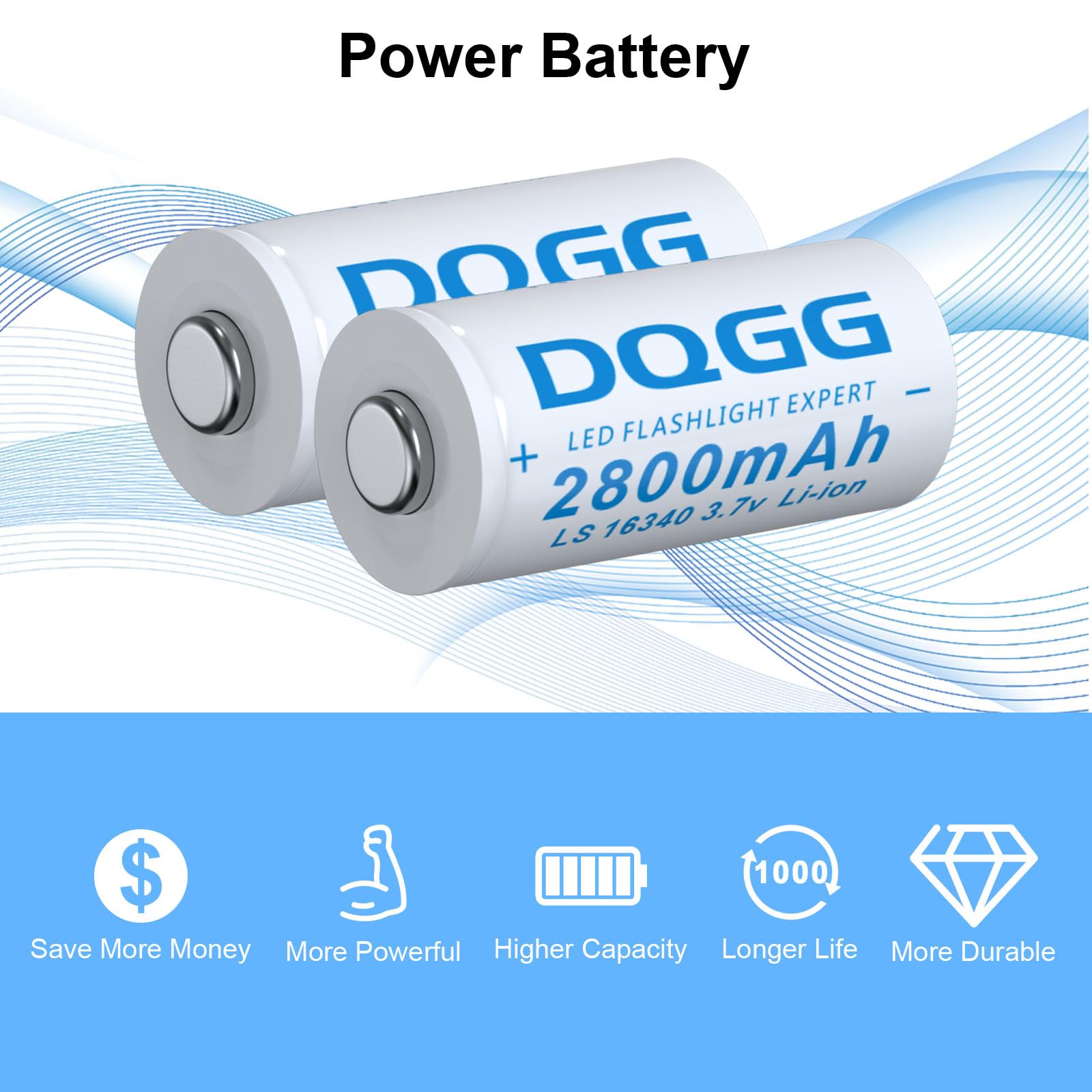 16340 Rechargeable Li-ion Battery 2800mAh 4-Pack - 3.7V Button Top Batteries for LED Flashlights, Headlamps & Emergency Lights | Long-Lasting Power for Camping, Hiking & Outdoor Adventures
