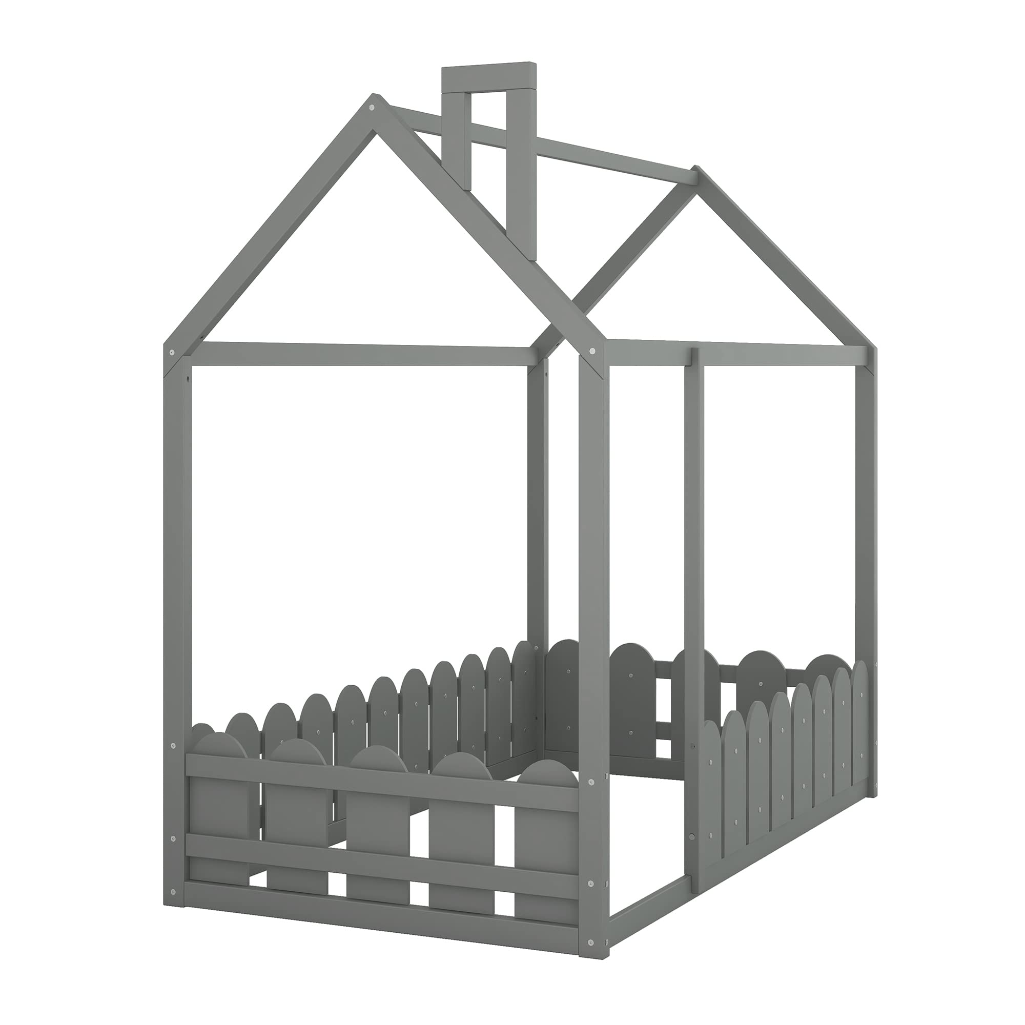 Twin Size Wooden House Bed with Fence and Roof - Kids Playhouse Bed Frame for Toddlers, Girls & Boys in Grey - Perfect for Bedrooms, Playrooms & Imaginative Play