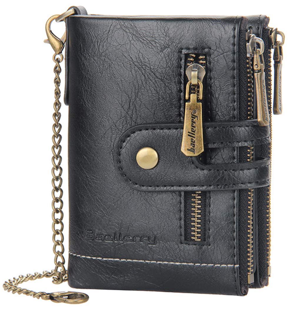 Premium C3 Men's Genuine Leather Wallet with Triple Zipper, ID Window & Credit Card Slots - RFID Blocking, Coin Pocket & Stylish Copper Chain - Perfect for Everyday Carry, Travel & Gift Giving