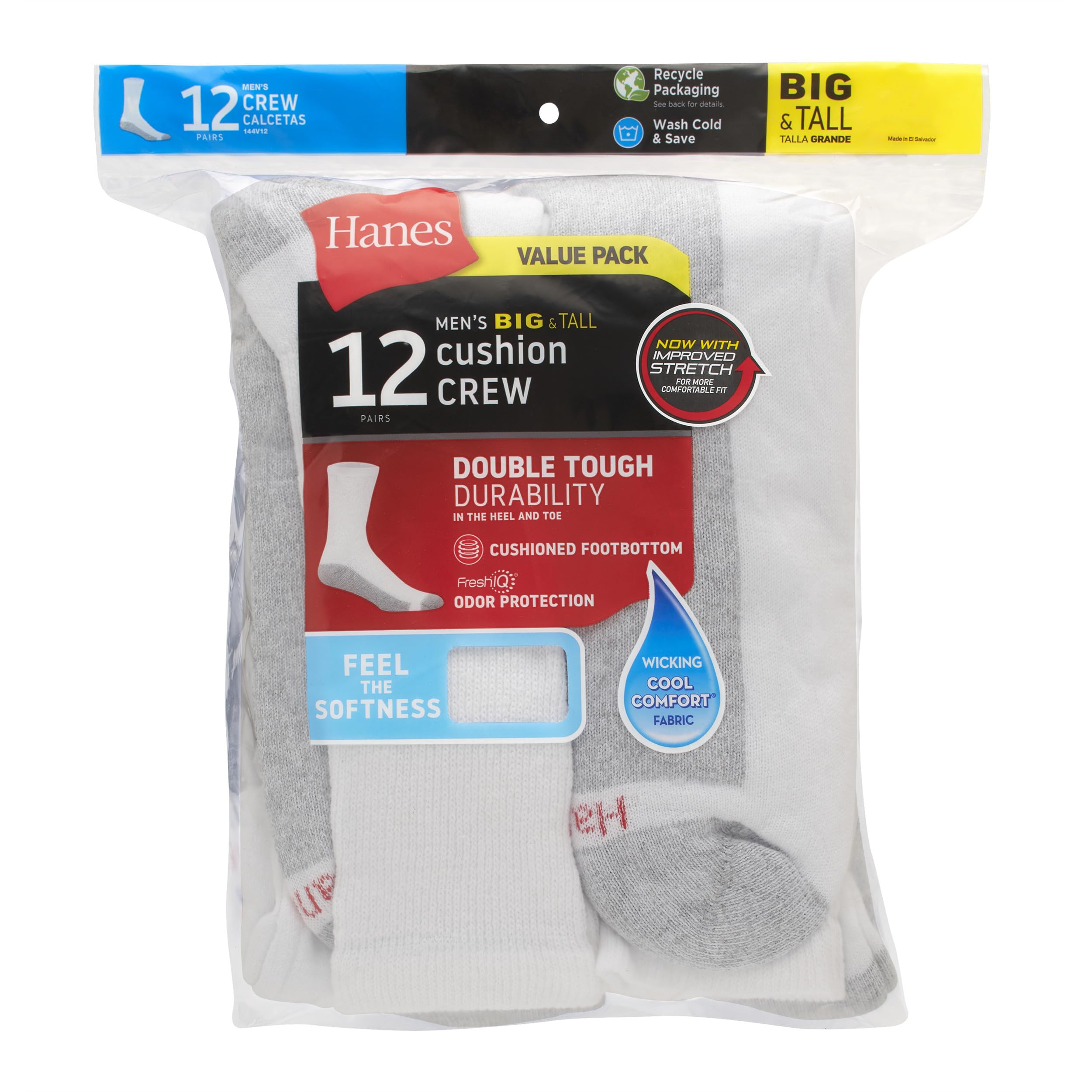 Hanes Men's Double Tough Crew Socks 12-Pair Pack - Durable Cotton Work Socks for Everyday Wear, Sports & Outdoor Activities