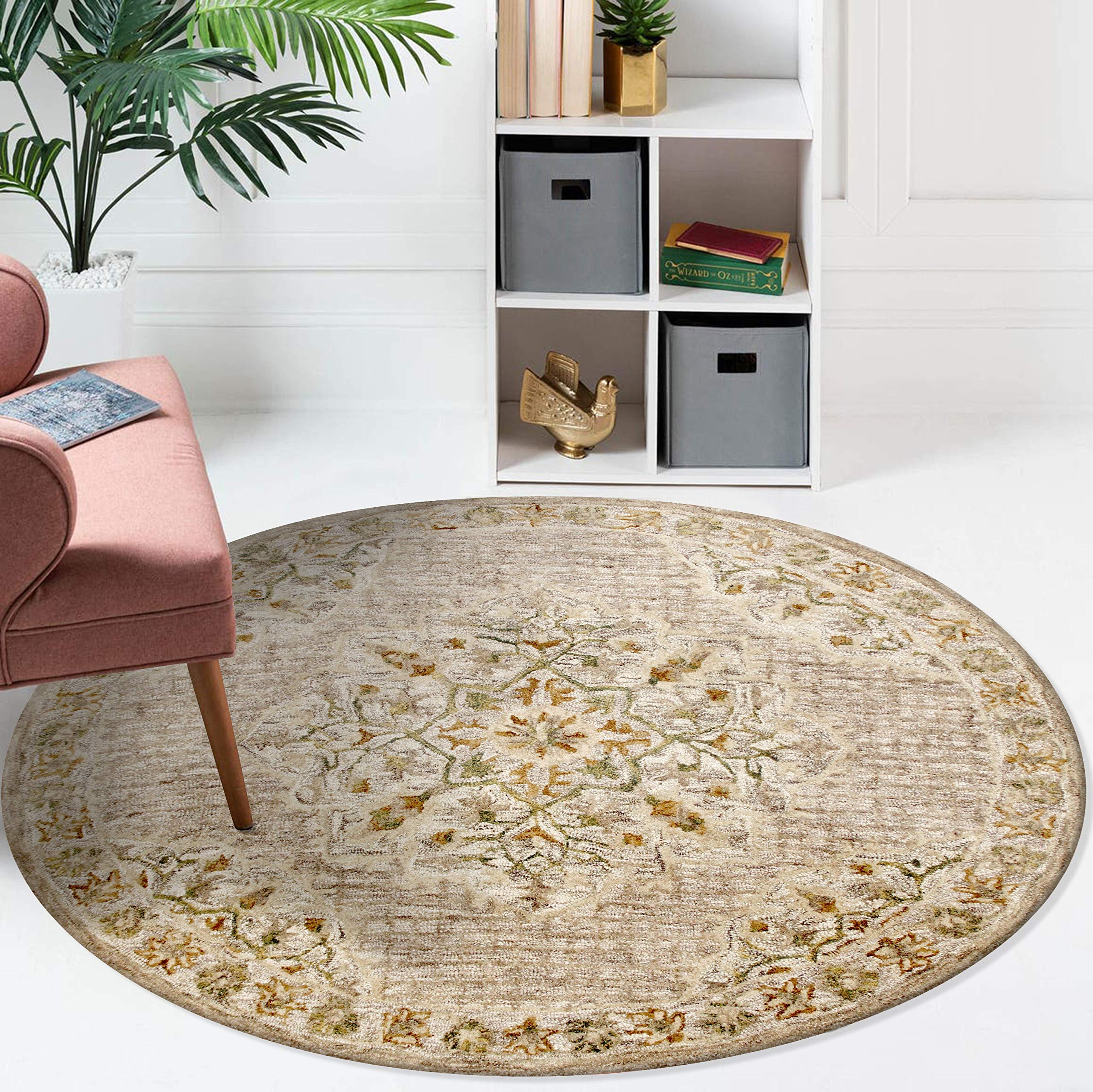 LR Home 6ft Round Natural Wool Area Rug - Hand Tufted Modern Farmhouse Boho Style for Bedroom, Living Room, Office | Soft Beige/Cream Indoor Carpet for Home Decor | Perfect for Entryway, Playroom & Cozy Spaces