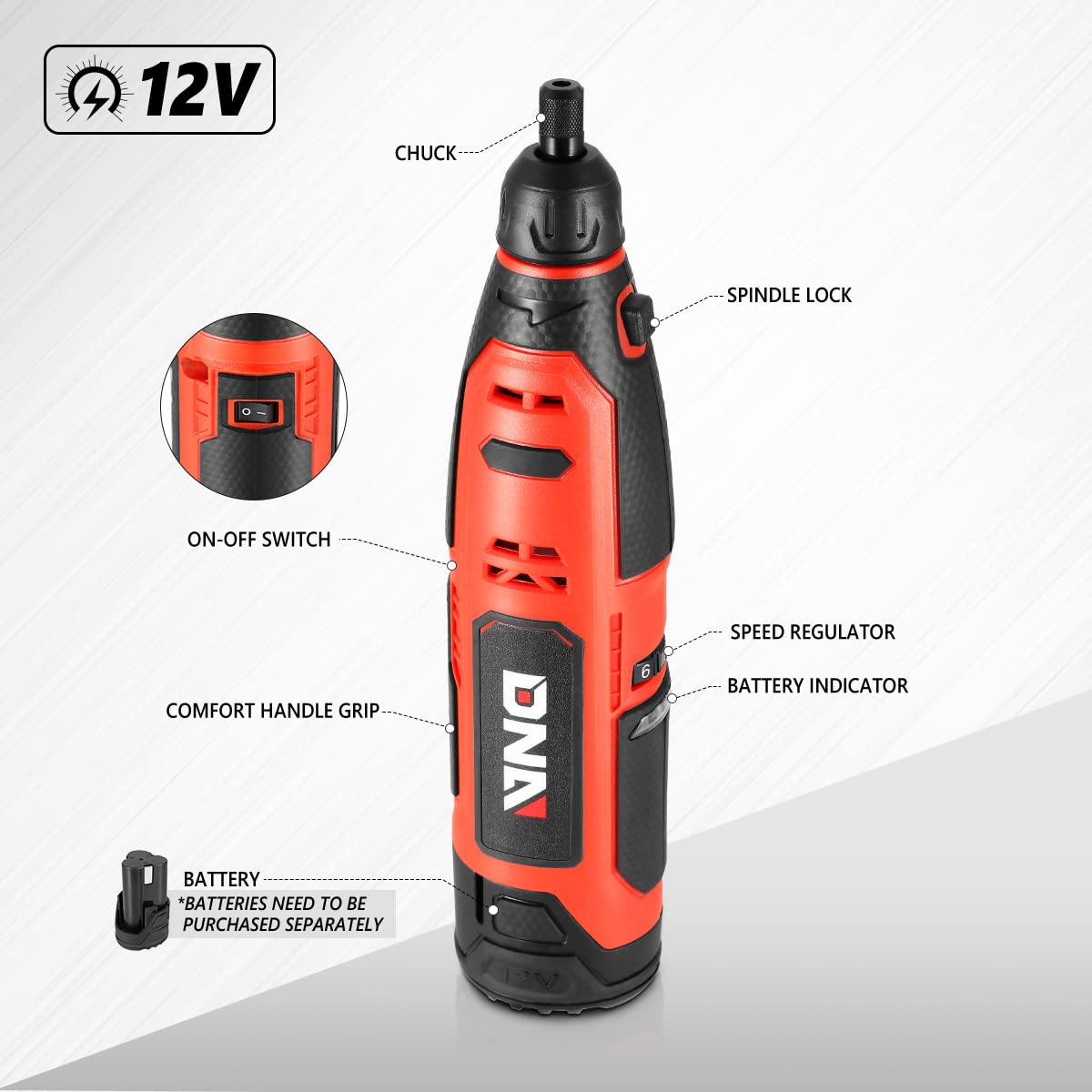 12V Cordless Rotary Tool Kit - Wireless Mini Grinder with Variable Speed & Rechargeable Battery for DIY Crafts, Woodworking, Metal Polishing & Home Repair Projects | DNA MOTORING TOOLS-00164 (Tool Only)