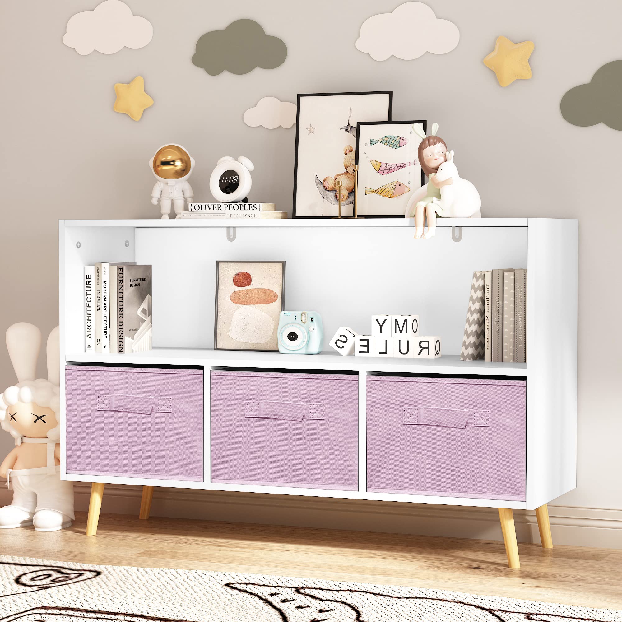 Kids Bookshelf Toy Storage Organizer with 3 Collapsible Fabric Drawers & Wooden Legs - Children's Bookcase for Nursery, Playroom & Home - Pink - Perfect for Organizing Toys, Books & Learning Materials