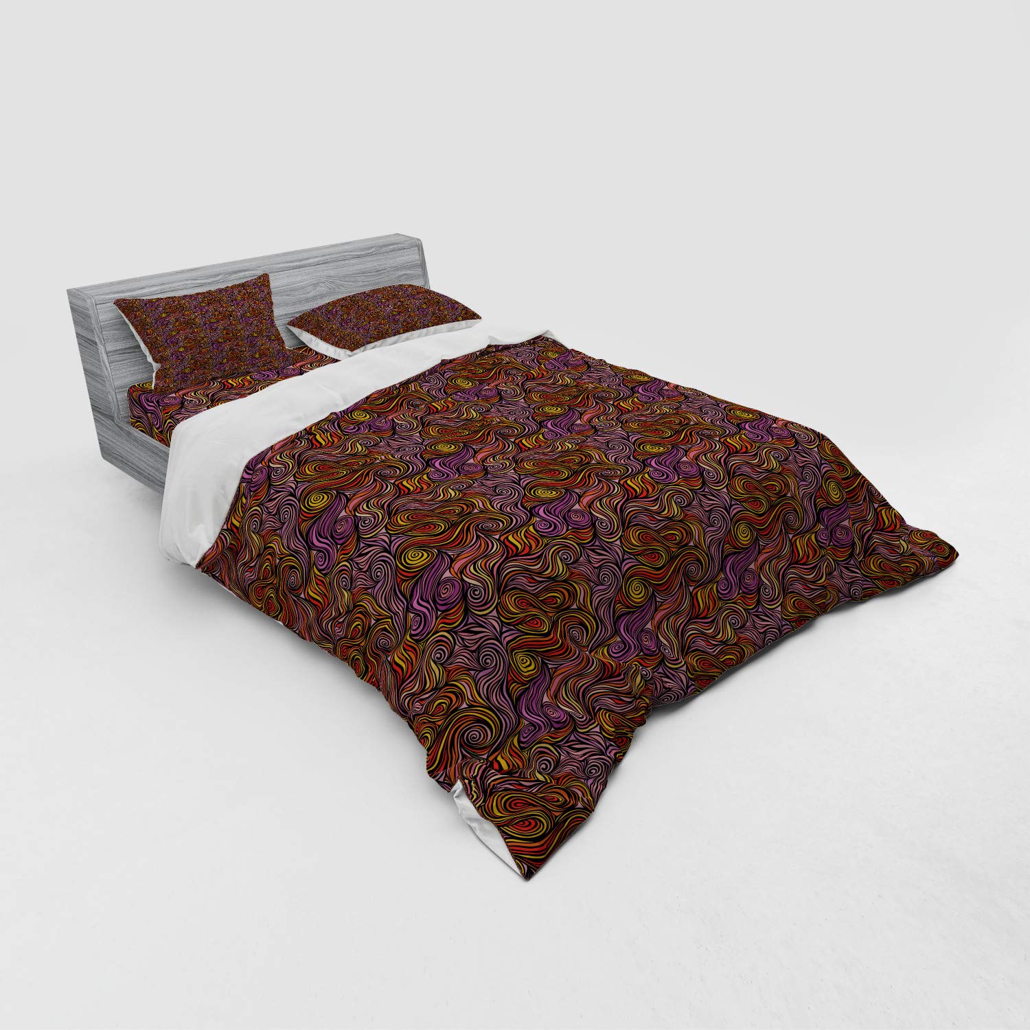 Ambesonne Abstract Bedding Set - Hand-Painted Wave Design with Spirals & Swirls, 4-Piece Duvet Cover Set with Shams & Fitted Sheet, Queen Size, Multicolor - Perfect for Modern Bedrooms & Guest Rooms