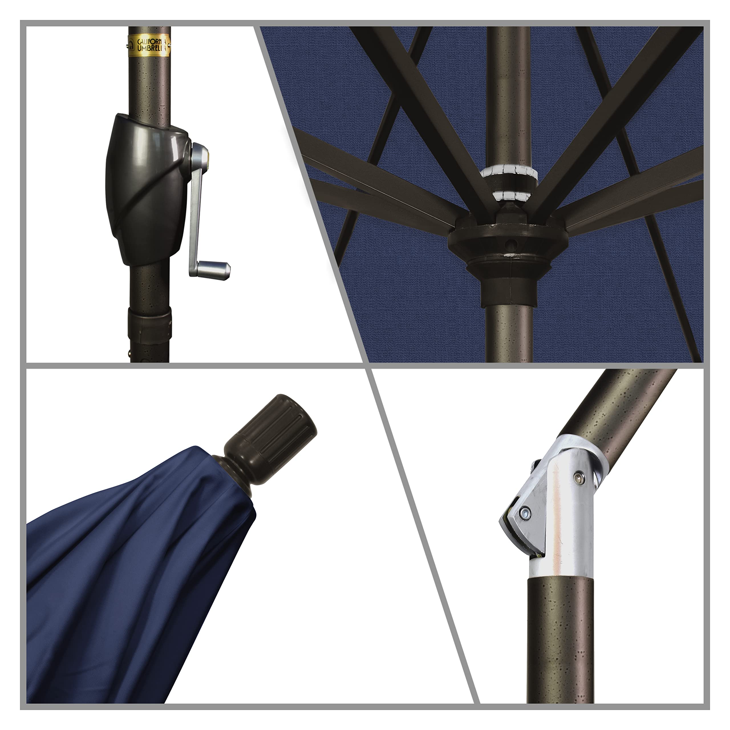 9' Round Aluminum Market Umbrella with Crank Lift & Push Button Tilt - Bronze Pole & Navy Blue Olefin Canopy for Patio, Garden, Poolside, and Outdoor Dining Areas