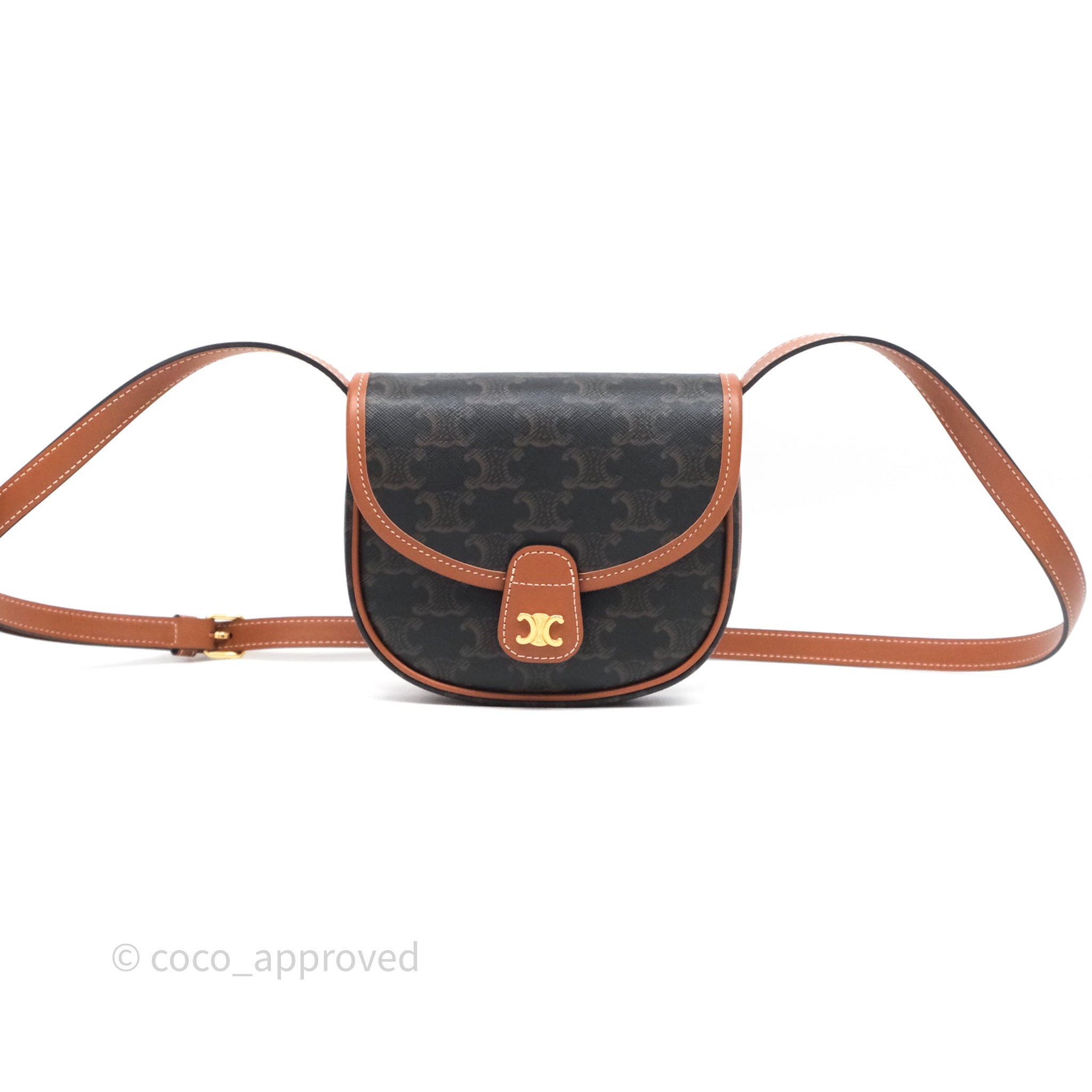 Celine Mini Besace Triomphe Crossbody Bag in Canvas & Calfskin Leather - Tan Color for Women | Perfect for Everyday Use, Work & Travel