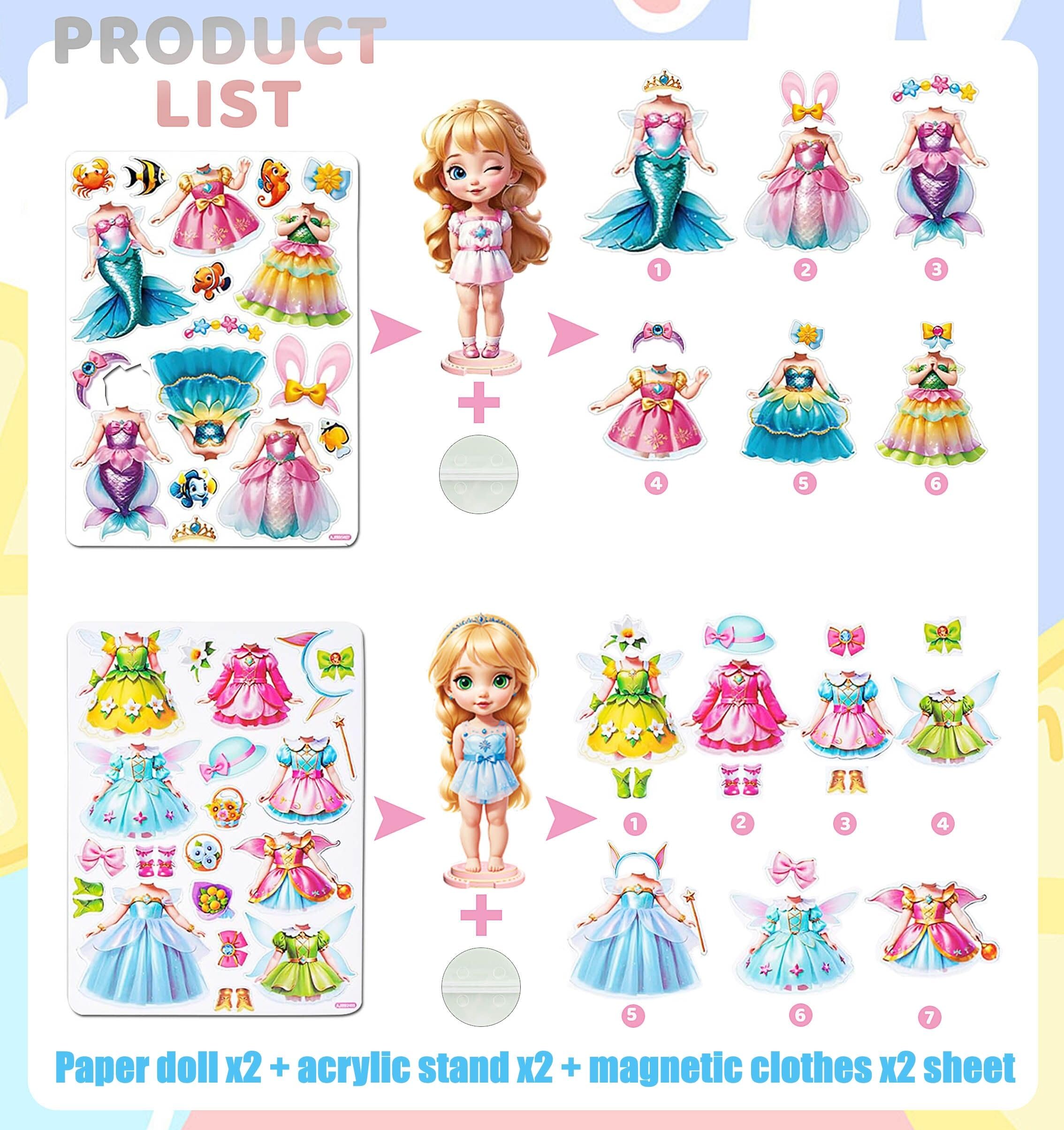 Magnetic Dress Up Dolls for Girls Ages 3-7 | DIY Princess Paper Doll Set with 2 Themed Outfits (Mermaid & Elf) | Pretend Play Travel Toy for Kids | Perfect for Birthday Gifts, Travel Entertainment & Creative Play