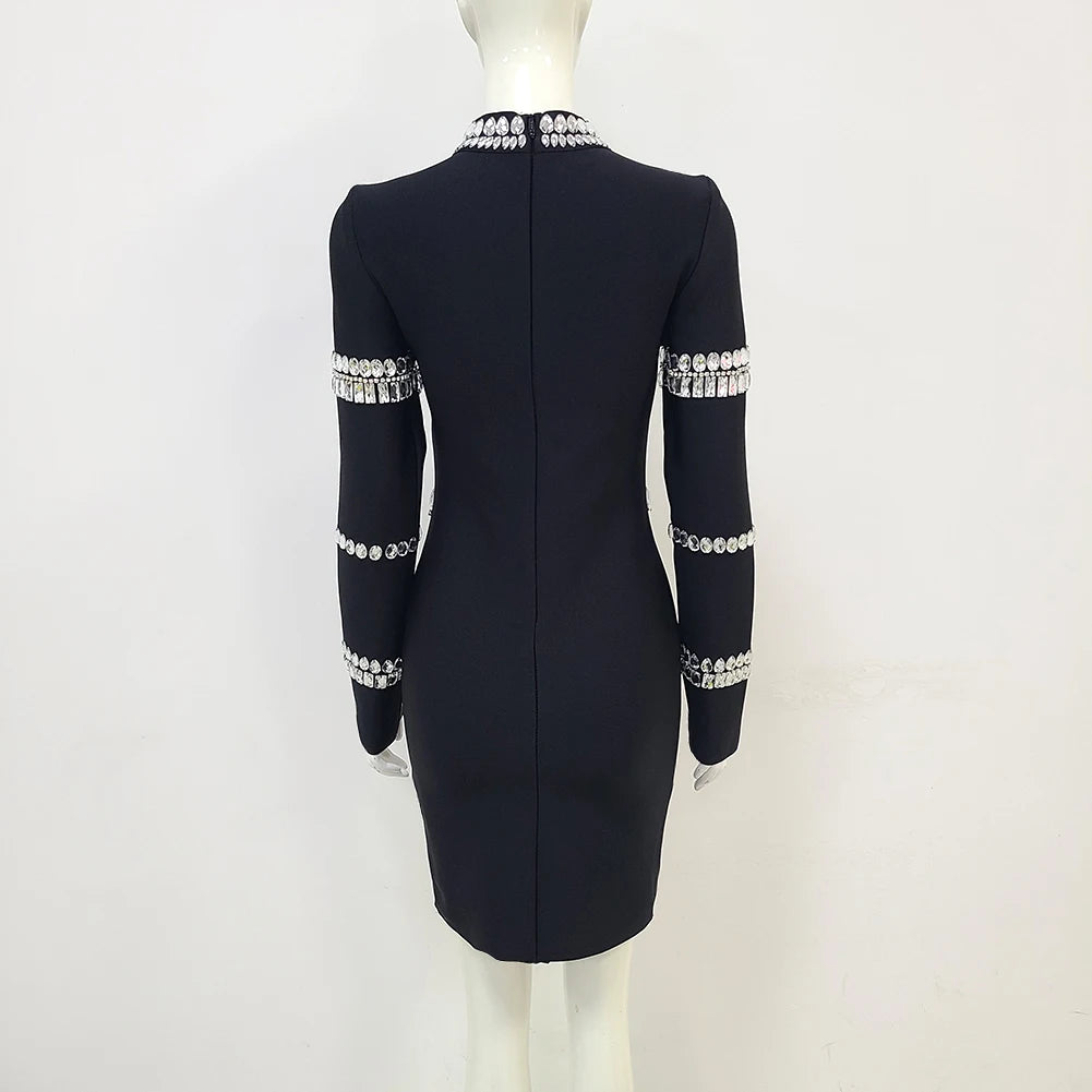 2023 New Winter Black Women's Long Sleeve Bodycon Mini Dress with Crystal Details - Elegant Bandage Party Dress for Evening Events, Night Out, Club Wear & Special Occasions
