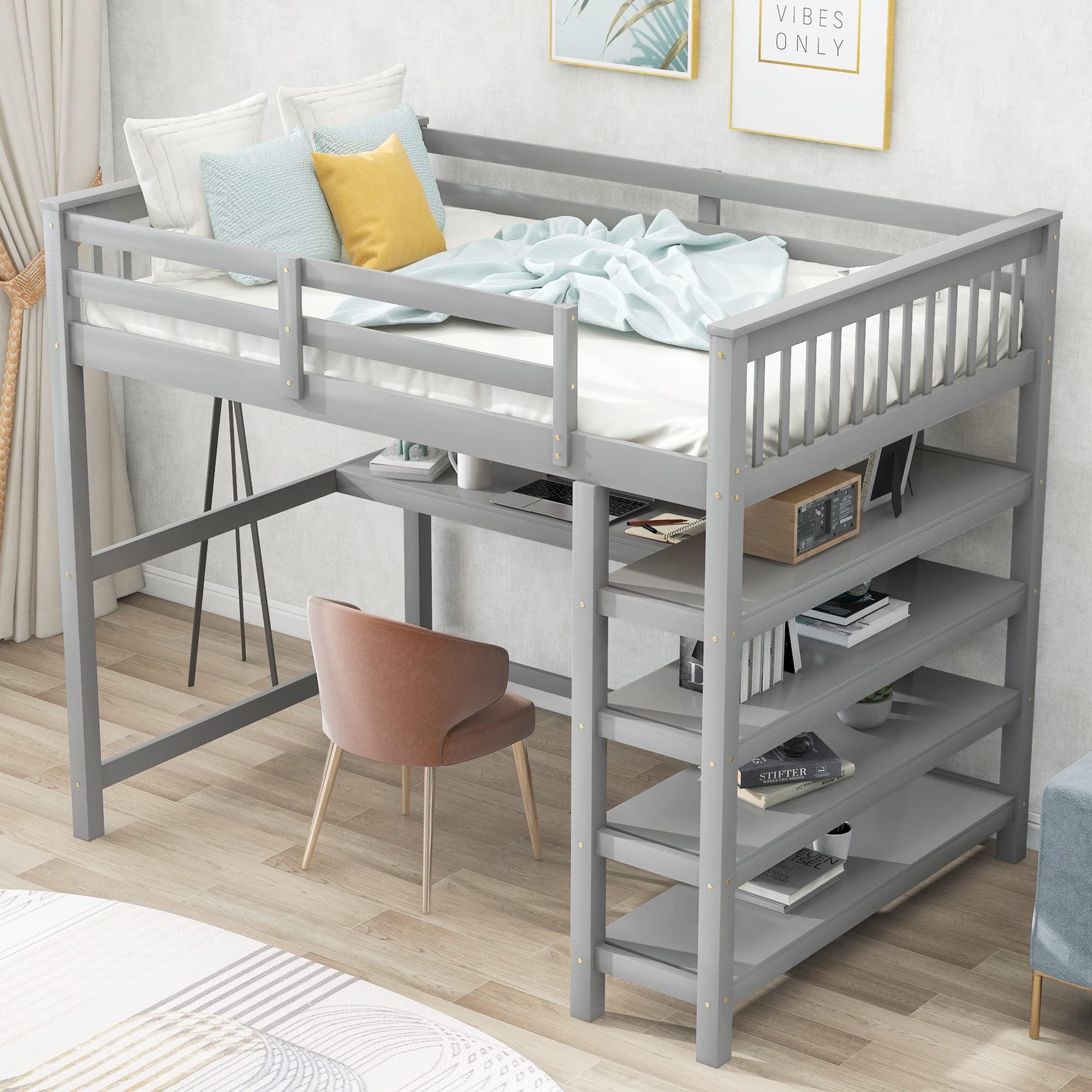 Bellemave Full Size Loft Bed with Desk & Storage Shelves - Solid Wood Loft Bed Frame for Teens & Adults - Space-Saving Bedroom Furniture (Gray) - Perfect for Small Rooms, Dorms & Apartments