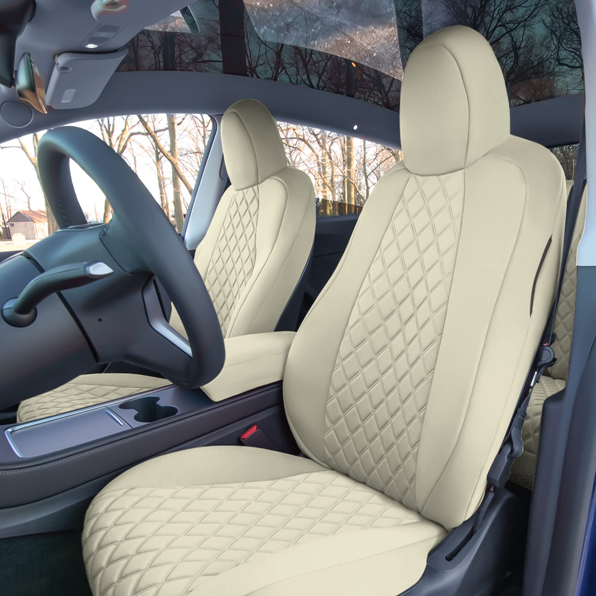 TLH Custom Fit Waterproof Beige Seat Covers for Tesla Model Y 2020-2024 - Front Set | Premium Automotive Interior Accessories | Perfect for Daily Commuting, Road Trips & Protecting Your Car Seats