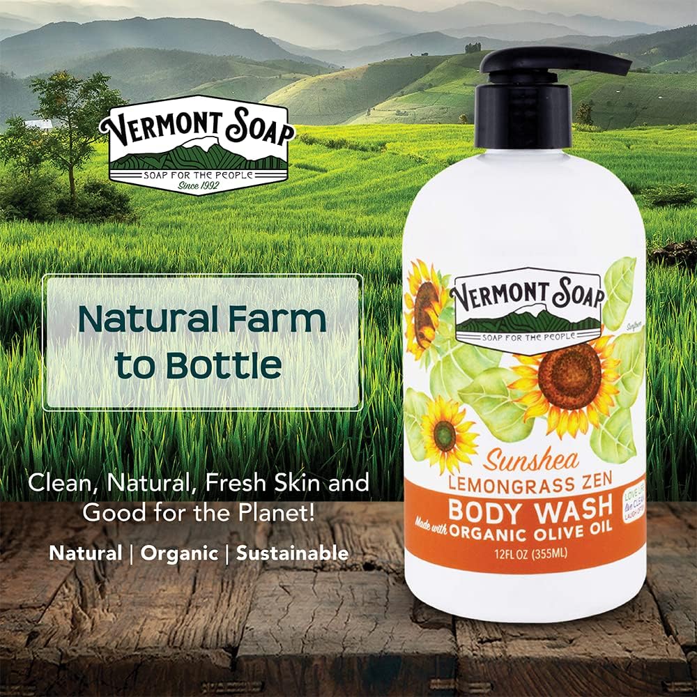 VERMONT SOAP Natural Body Wash with Shea Butter - Moisturizing & Soothing Fragrance-Free Gel Body Wash for Women & Men (Lemongrass Zen, 12oz) - Perfect for Sensitive Skin & Daily Shower Routine