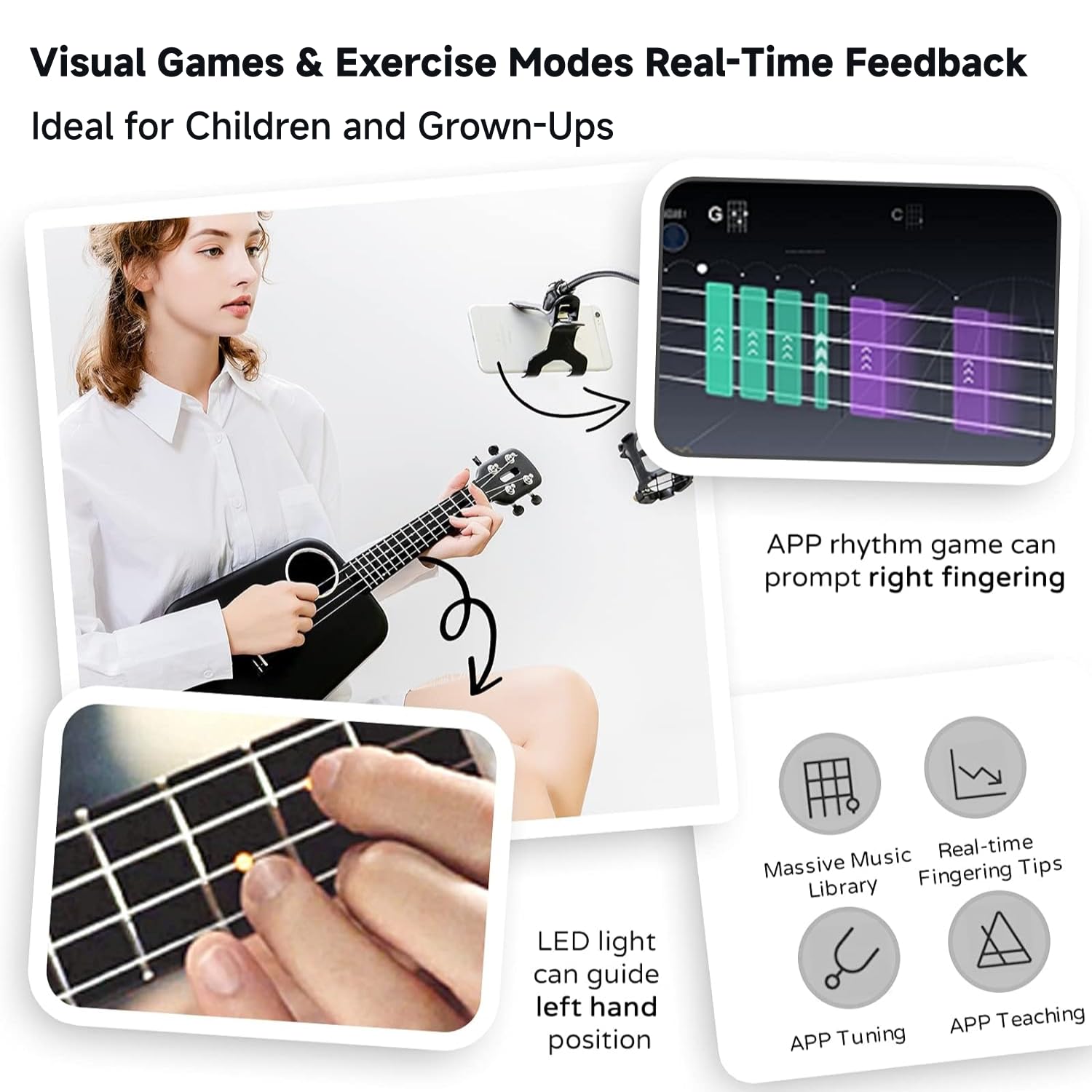 Populele Smart Concert Ukulele 23 Inch - Carbon Fiber Body with 72 LED Lights, Free Online Lessons & App Song Library, Built-in Auto Tuner, Includes Gig Bag, Strap & Nylon Strings - Perfect for Beginners, Family Fun, Travel, Birthday Gifts & Music Lovers