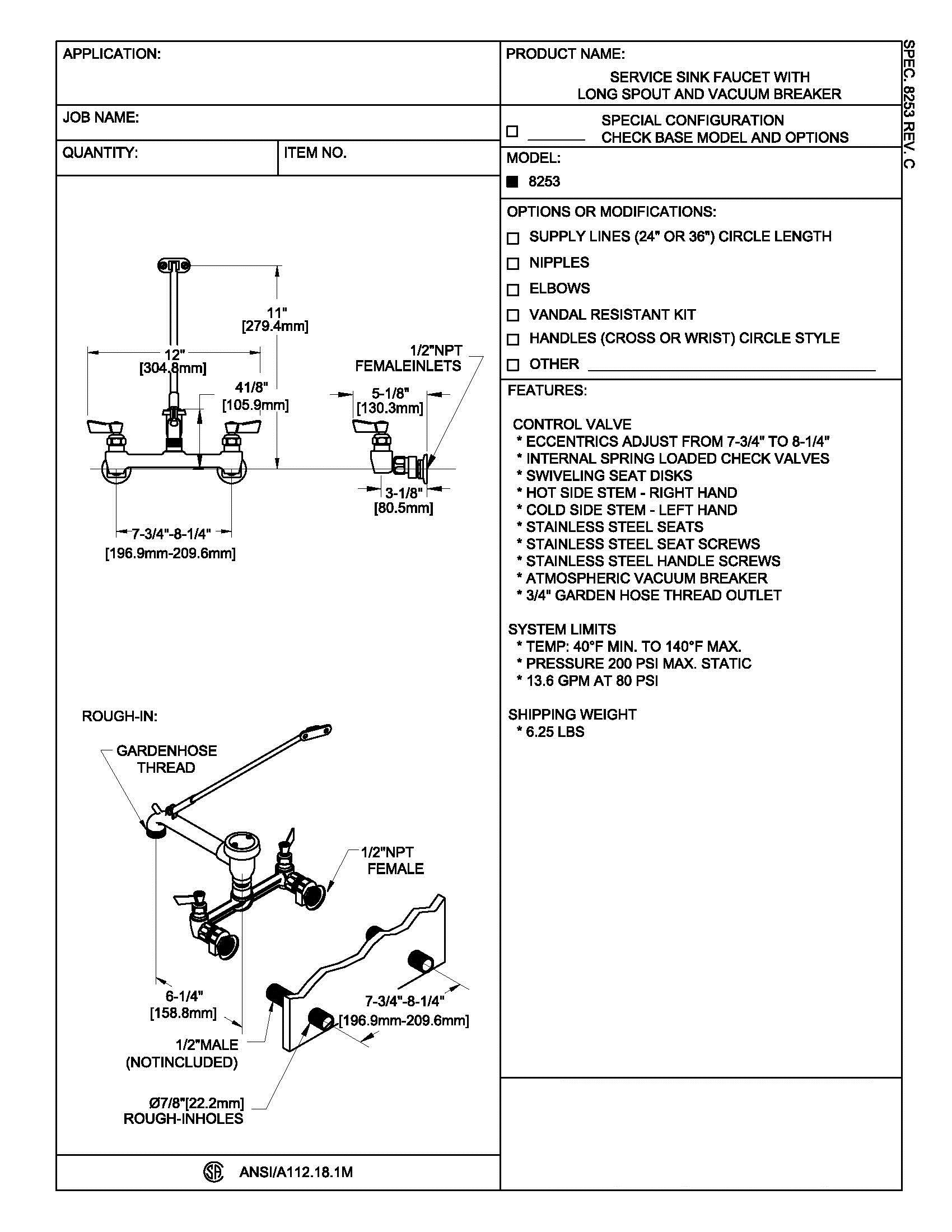 Fisher 8253 8-Inch Adjustable Wall Mount Service Sink Faucet with Long Spout, Vacuum Breaker & Easy Install Adapters - Perfect for Commercial Kitchens, Laboratories, and Utility Sinks