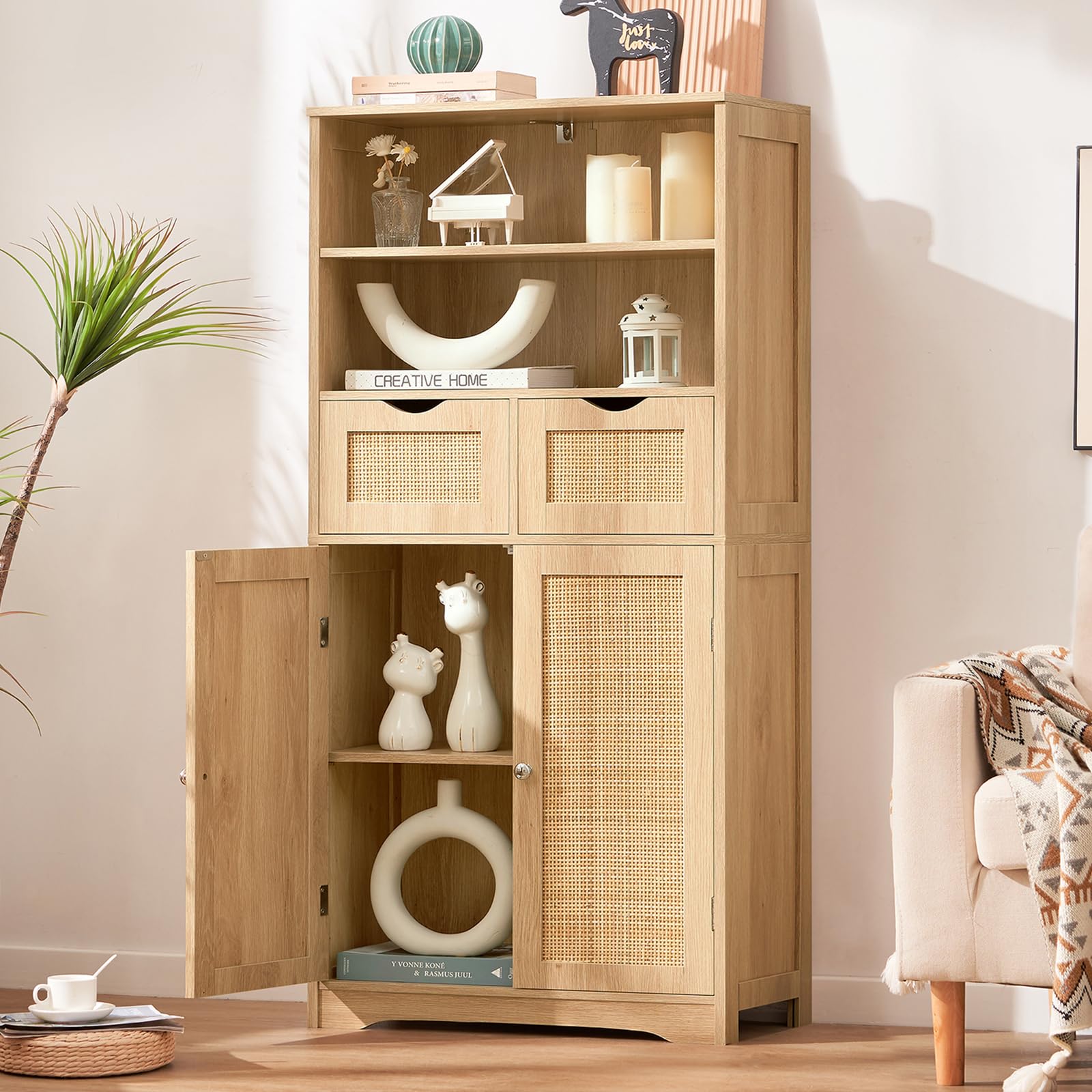 Iwell Tall Rattan Storage Cabinet with 2 Drawers & Adjustable Shelf - Kitchen Pantry Organizer, Entryway Storage for Living Room, Dining Room & Home Office - Natural Finish for Farmhouse & Modern Decor