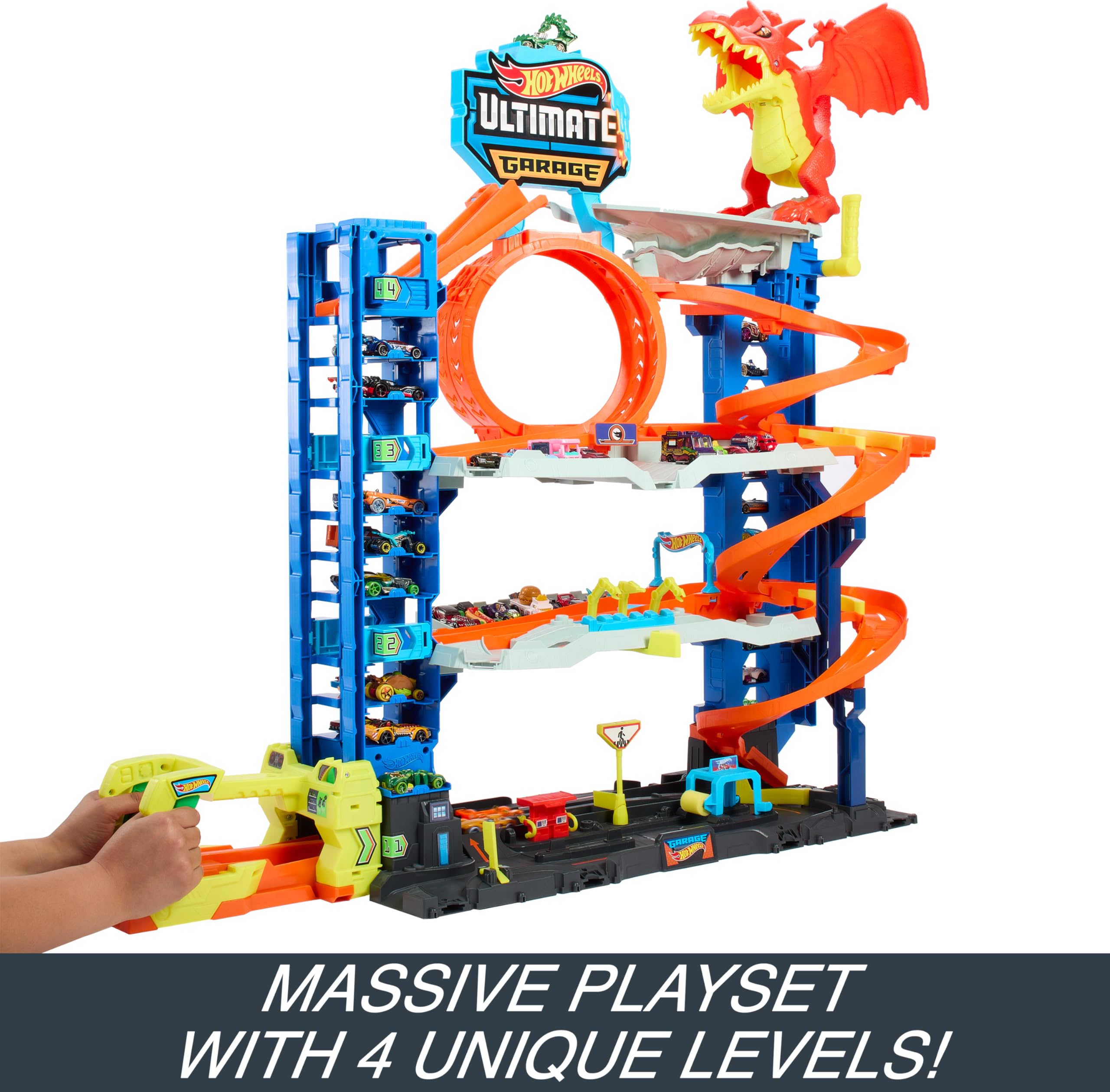 Hot Wheels Ultimate Garage Toy Car Track Set with 2 Die-Cast Cars & Car-Eating Dragon - 4-Level Playset Stores 50+ Vehicles - Perfect for Kids' Birthday Gifts & Indoor Racing Fun