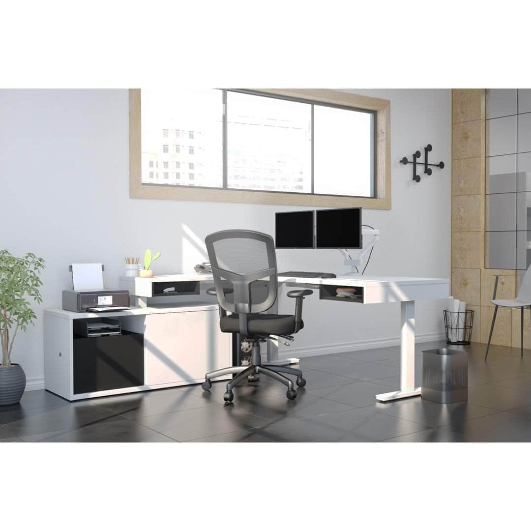Ergonomic L-Shaped Standing Desk with Built-in Credenza & Dual Monitor Arm - 2 Color Options for Home & Office Workspace