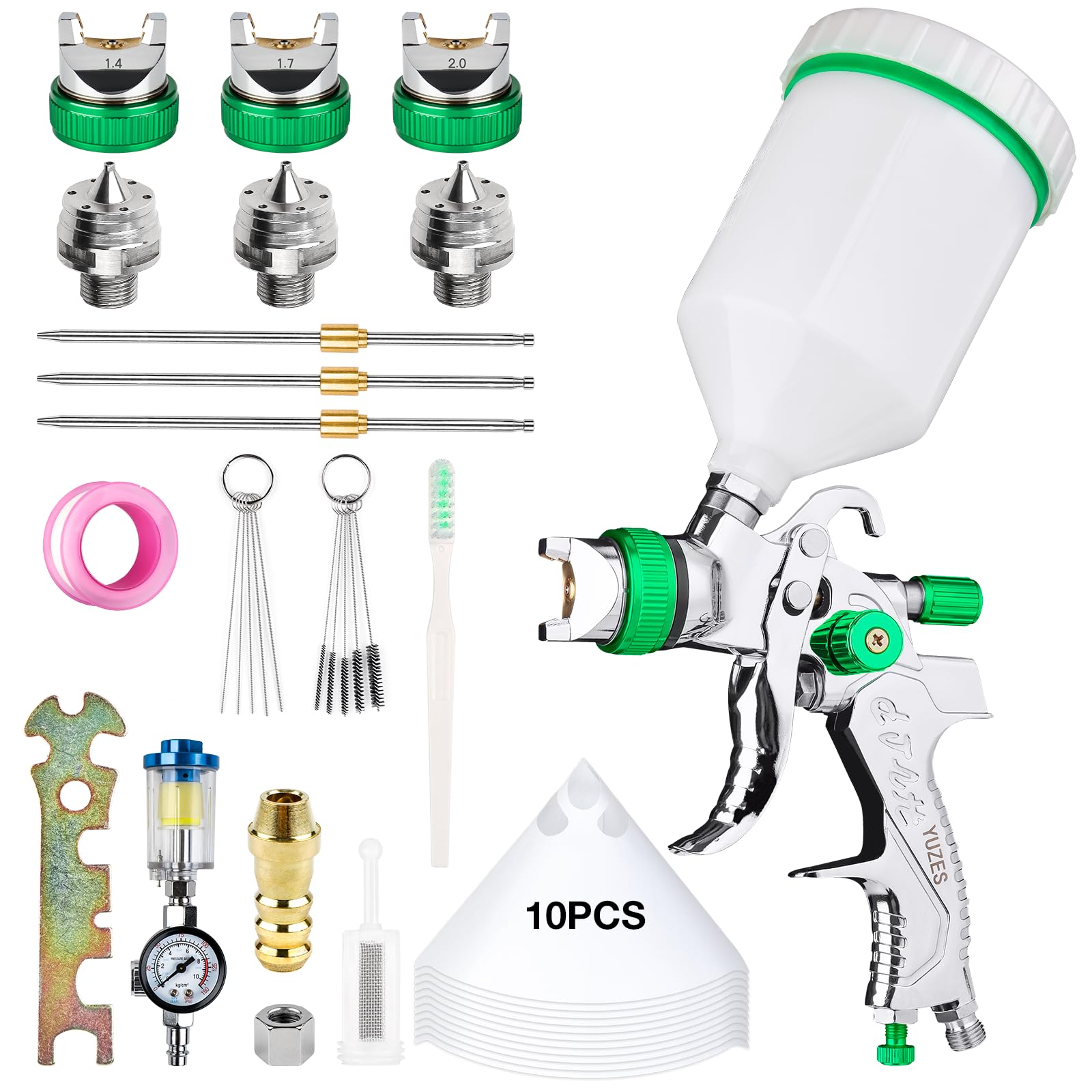 YUZES HVLP Spray Gun Kit with 1.4/1.7/2.0mm Copper Nozzles - Professional Automotive Paint Sprayer with Air Regulator & 10 Paper Funnels - Perfect for Car Painting, Furniture Refinishing, DIY Projects (Green)