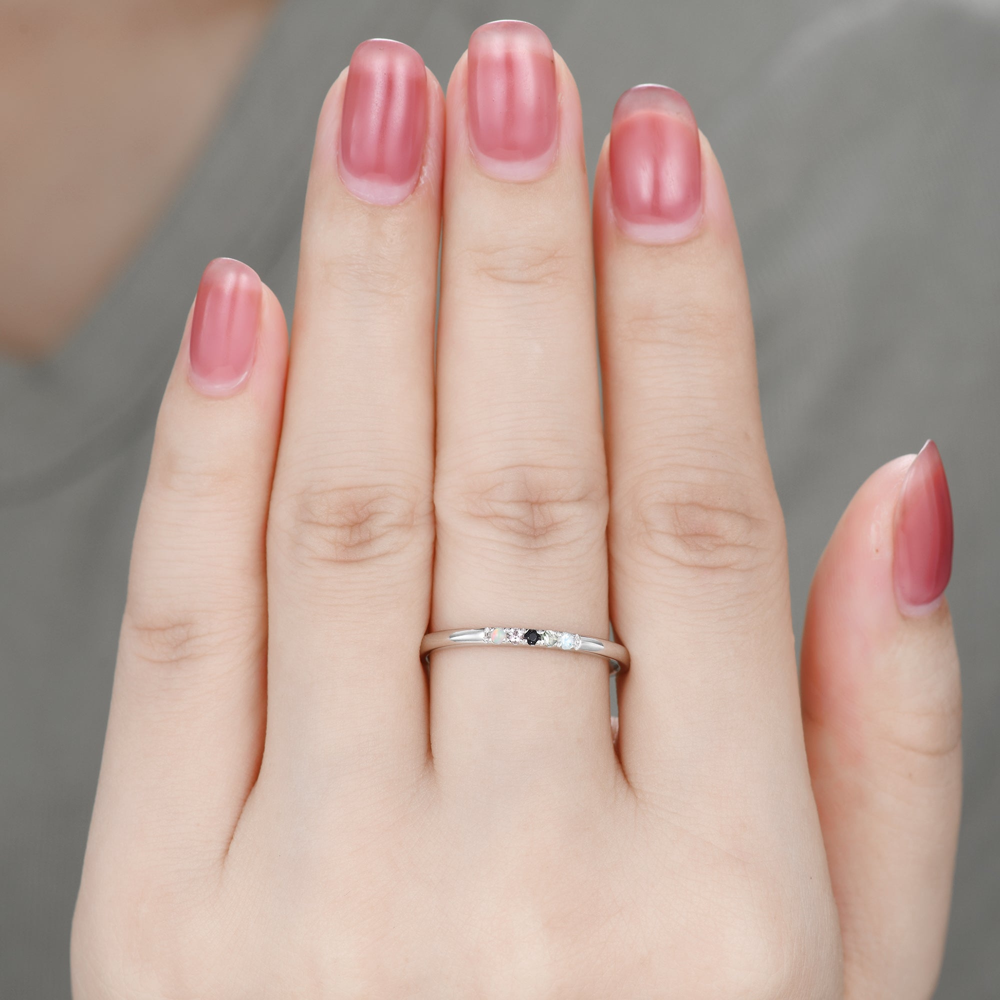 Personalized 5 Birthstone White Gold Ring for Mom - Moonstone, Moss Agate, Sandstone, Morganite & Opal - Perfect Gift for Mother's Day, Anniversary & Special Occasions