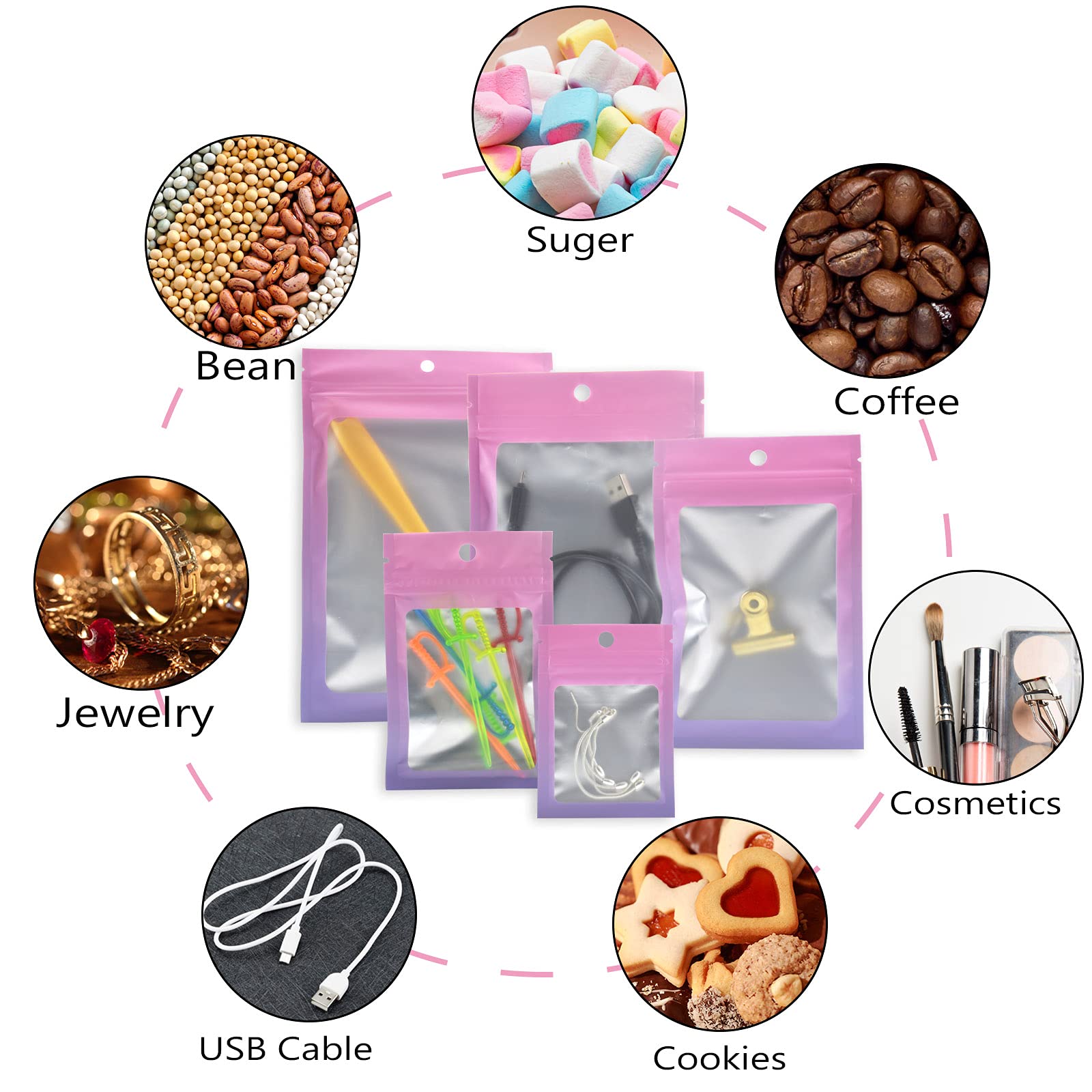 100pcs Holographic Mylar Zipper Bags with Resealable Slider - 5 Sizes for Food Storage, Freezer Safe & Airtight Containers - Perfect for Organizing Snacks, Coffee, Tea, Herbs & Bulk Food Packaging (Reusable & Durable)