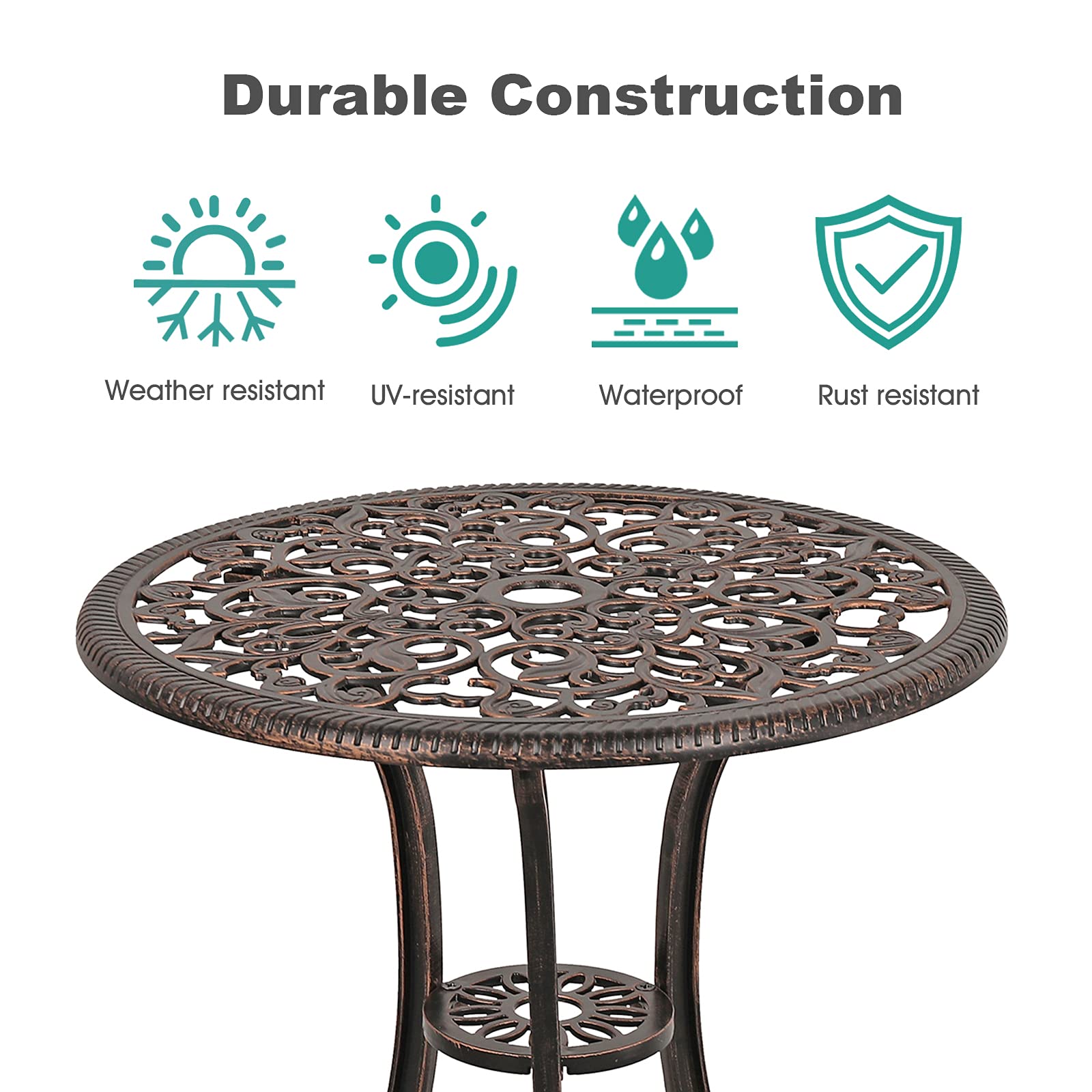COBANA 3-Piece Outdoor Bistro Set - All-Weather Cast Aluminum Patio Dining Table with 2 Chairs & 2’’ Umbrella Hole, Bronze Retro Style - Perfect for Garden, Balcony, Poolside & Backyard Relaxation