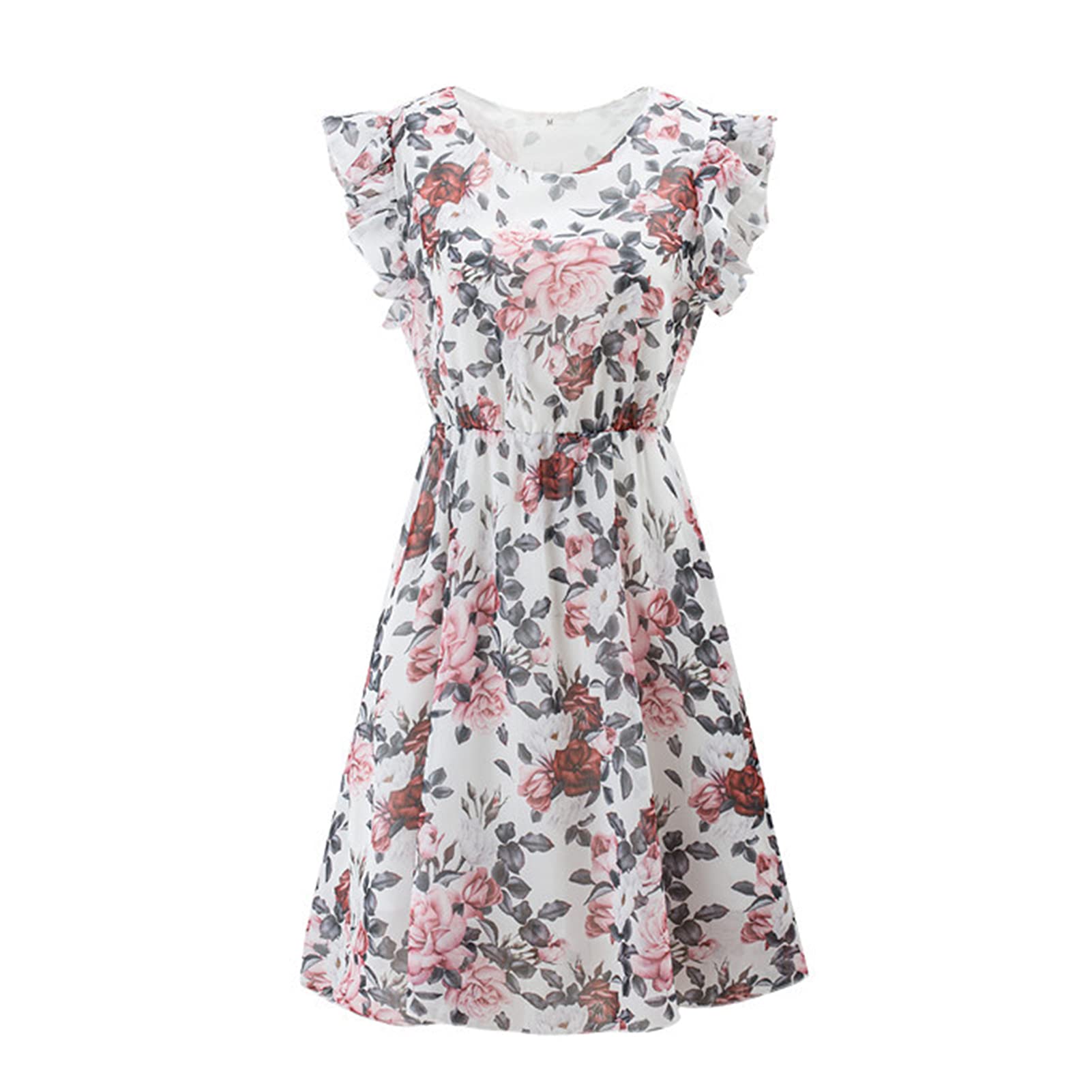 Floral Print Maxi Dress with Ruffled Sleeves - Women's Round Neck Long Dress with Large Hem for Casual Wear | Perfect for Summer Outings, Beach Vacations & Date Nights
