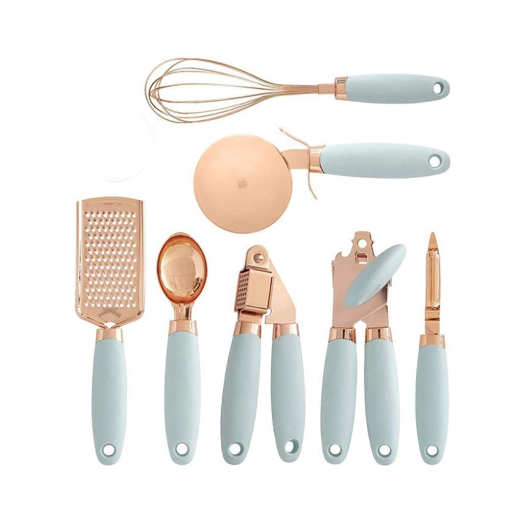 CUJUX 7-Piece Kitchen Gadgets Set - Copper Coated Stainless Steel Cooking Utensils with Soft Touch Handles | Includes Garlic Press, Whisk & Cheese Grater | Perfect for Baking, Cooking & Food Prep (Color: B)
