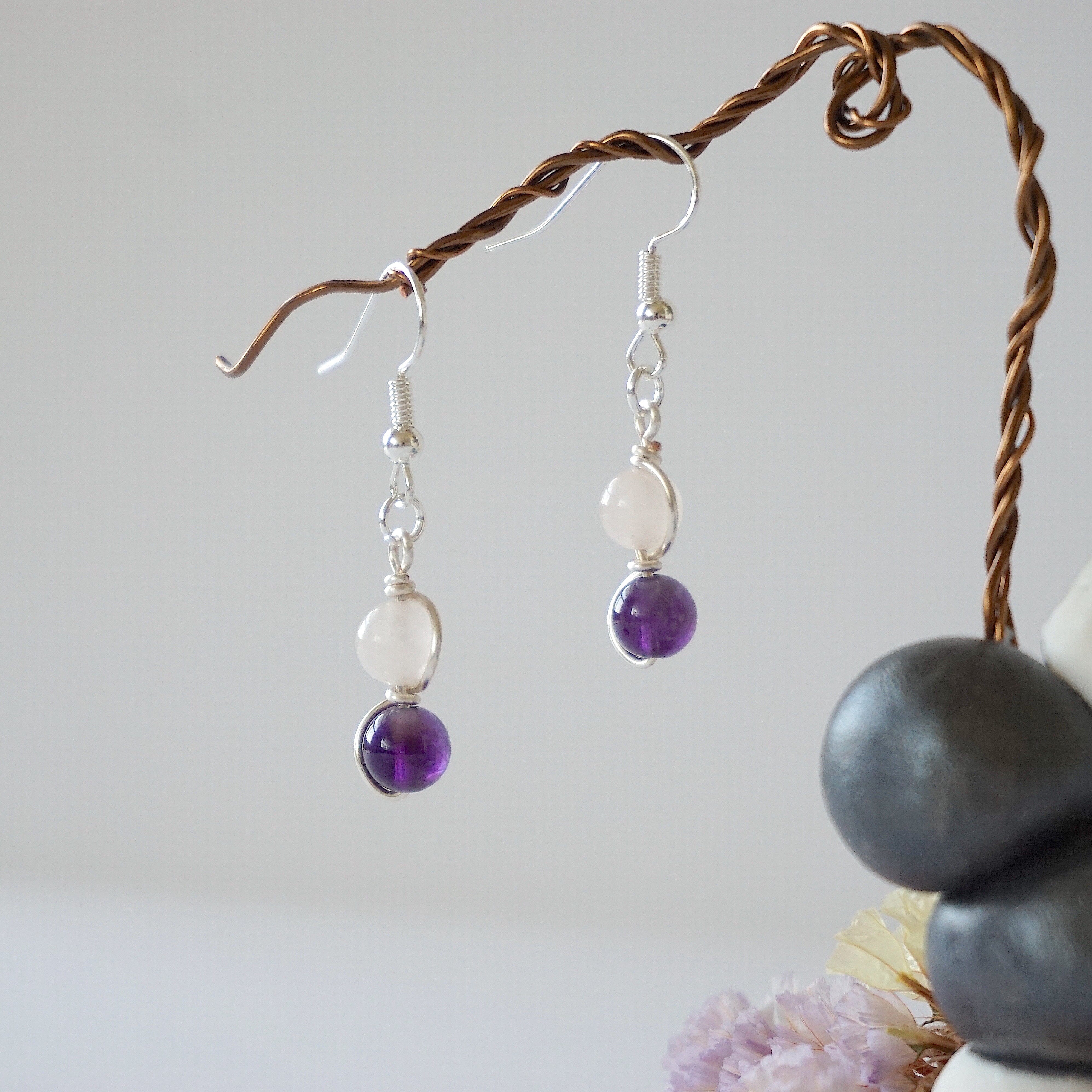 Rose Quartz & Amethyst Drop Earrings - Silver Plated Double Bead Dangle Earrings for Women | Healing Crystal Jewelry, Gift for Her, Birthday, Wedding, Meditation & Spiritual Healing