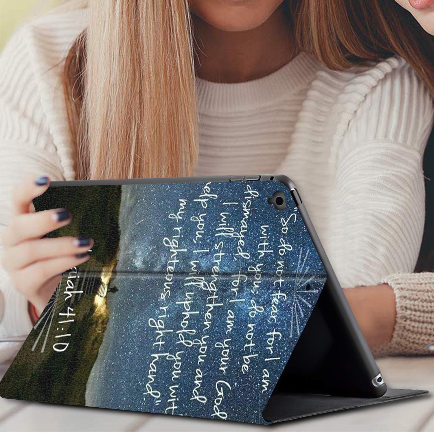 Premium iPad 9.7 Case (2018/2017) 6th/5th Generation - Adjustable Non-Slip Folio Stand with Auto Wake/Sleep Smart Cover for Apple iPad 6/5 & iPad Air 1/2 - Bible Verse Isaiah 41:10 Design - Perfect for Work, Study & Travel Protection