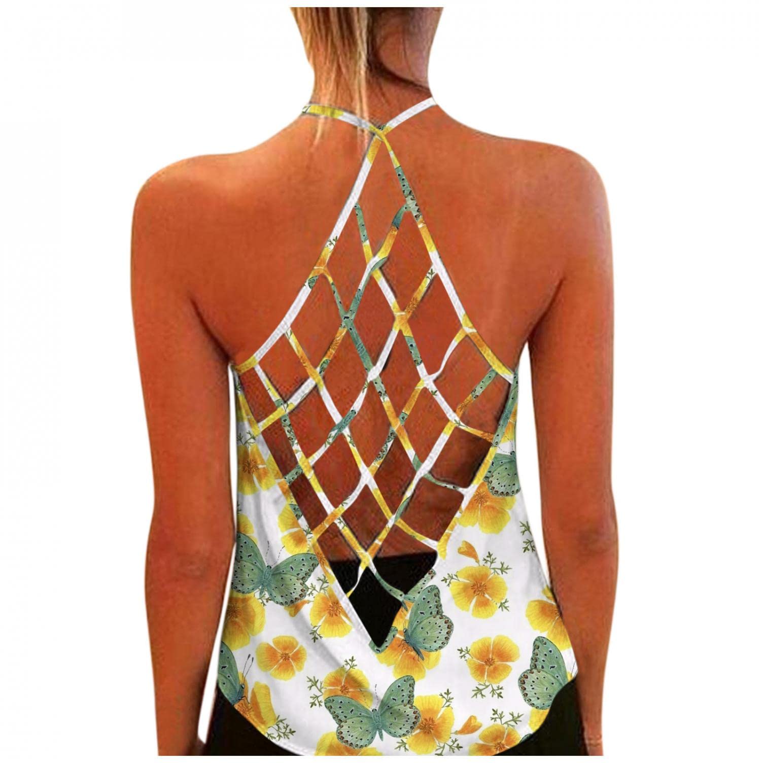 Trendy Women's Summer Graphic Sleeveless Criss Cross Tank Tops - Casual Comfort Fit for Yoga, Beach & Everyday Wear