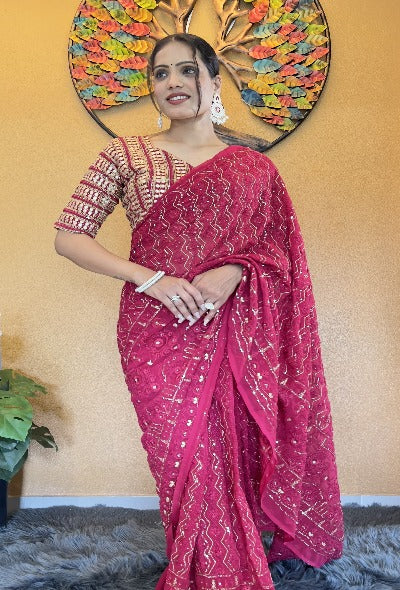 1 Minute Pink Georgette Lucknowi Embroidered Stitched Ready-Made Saree - Perfect for Weddings, Parties & Festive Occasions