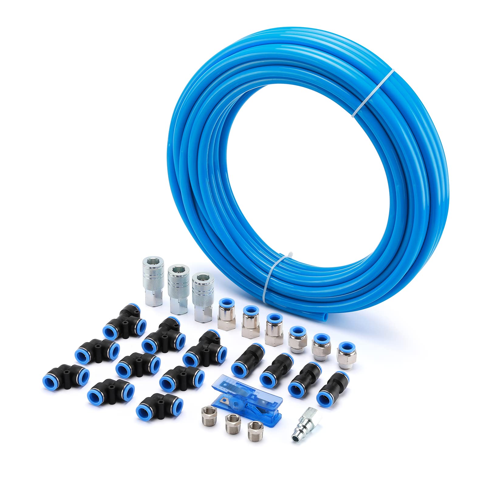 **AIRTOON 1/2 Inch OD x 60 Feet PU Air Hose Kit with 28 PCS Push-to-Connect Fittings, Quick Couplers & Plugs – Heavy-Duty Compressed Air Pipe for Pneumatic Tools, Inflatables & DIY Projects**
