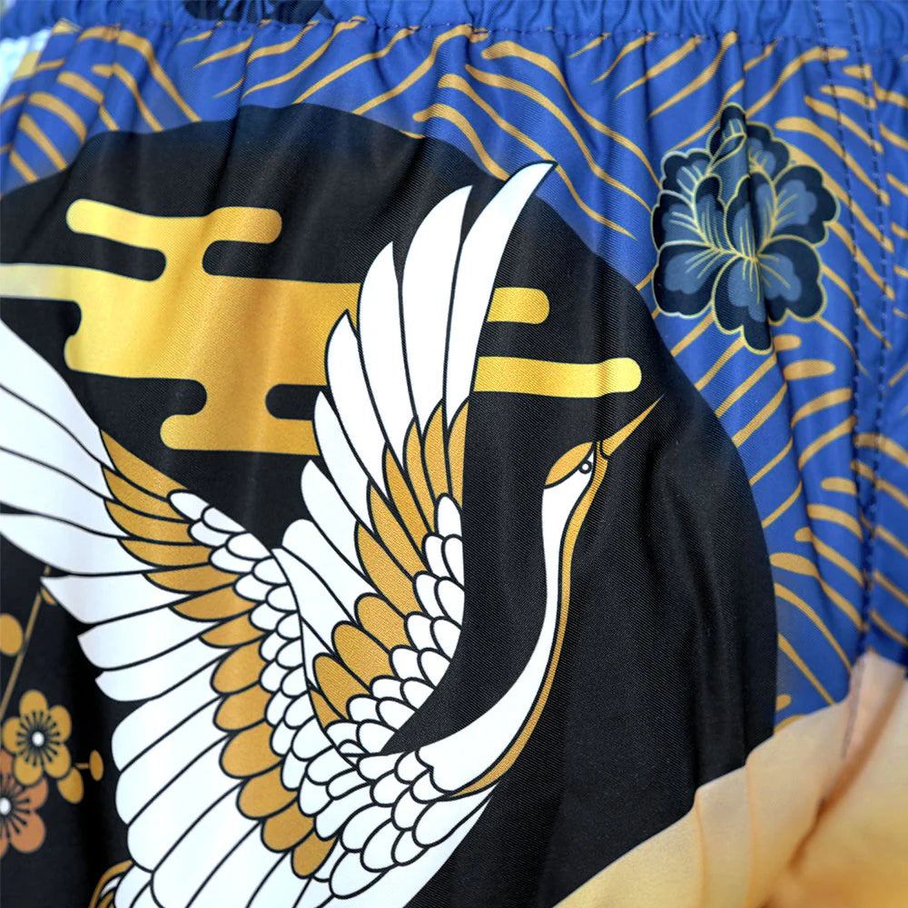Premium Tuff Muay Thai Shorts - Majestic Crane Blue/White/Gold Design for MMA, Kickboxing & Training - Durable & Comfortable Fightwear for Men & Women