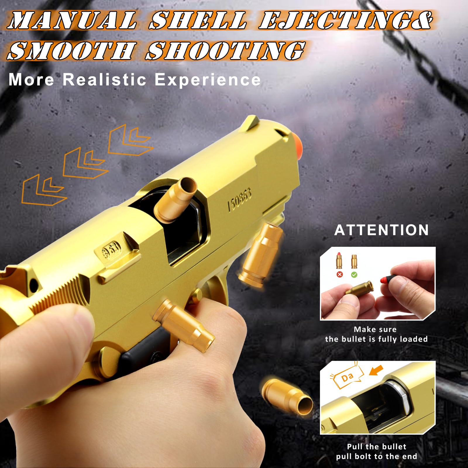 Soft Bullet Toy Gun with Shell Ejecting Feature - 48 Foam Bullets Included | Realistic Gold Toy Pistol for Boys & Kids Ages 8+ | Fidget Stress Relief Gun | Perfect for Halloween, Christmas, Birthday Gifts | Great for Outdoor Play, Target Practice & Pretend Battles