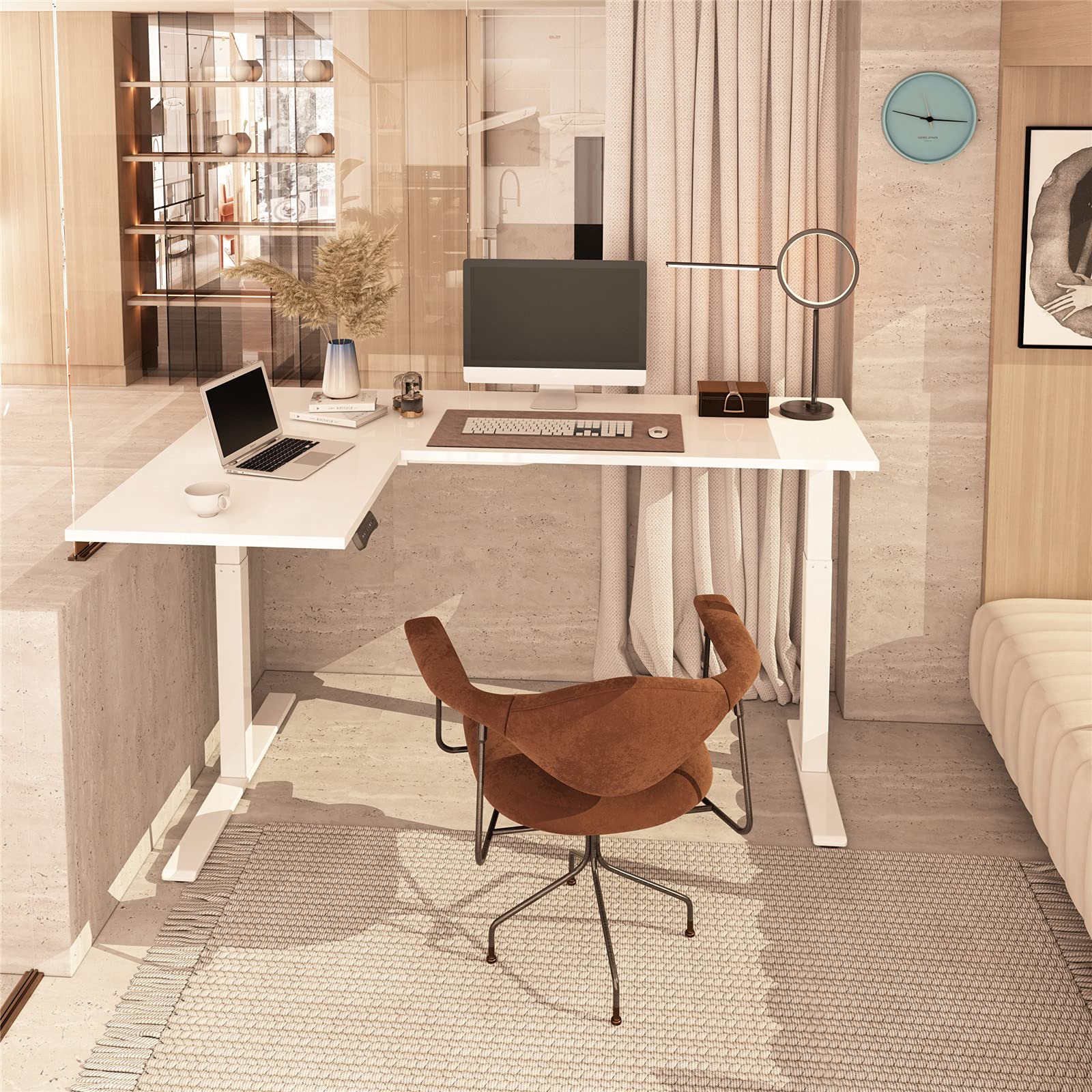 FlexiSpot Electric Standing Desk - Dual Motor L-Shaped Adjustable Height Computer Desk for Home Office, Sit Stand Workstation (White Frame) - Perfect for Small Spaces & Ergonomic Workspaces