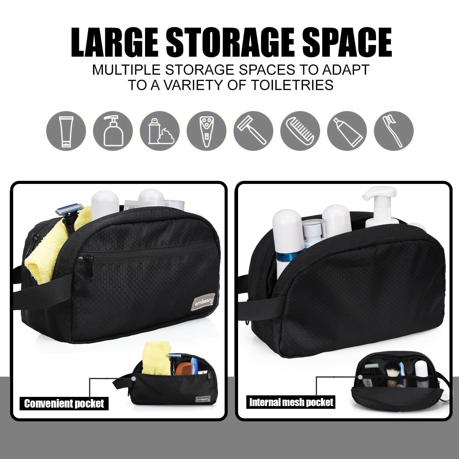 Premium Nylon Men's Toiletry Bag - Large Waterproof Shower & Travel Toiletries Organizer - Durable Dopp Kit for Men & Women - Black Water-Resistant Shaving Bag - Perfect for Camping, Gym & Business Trips