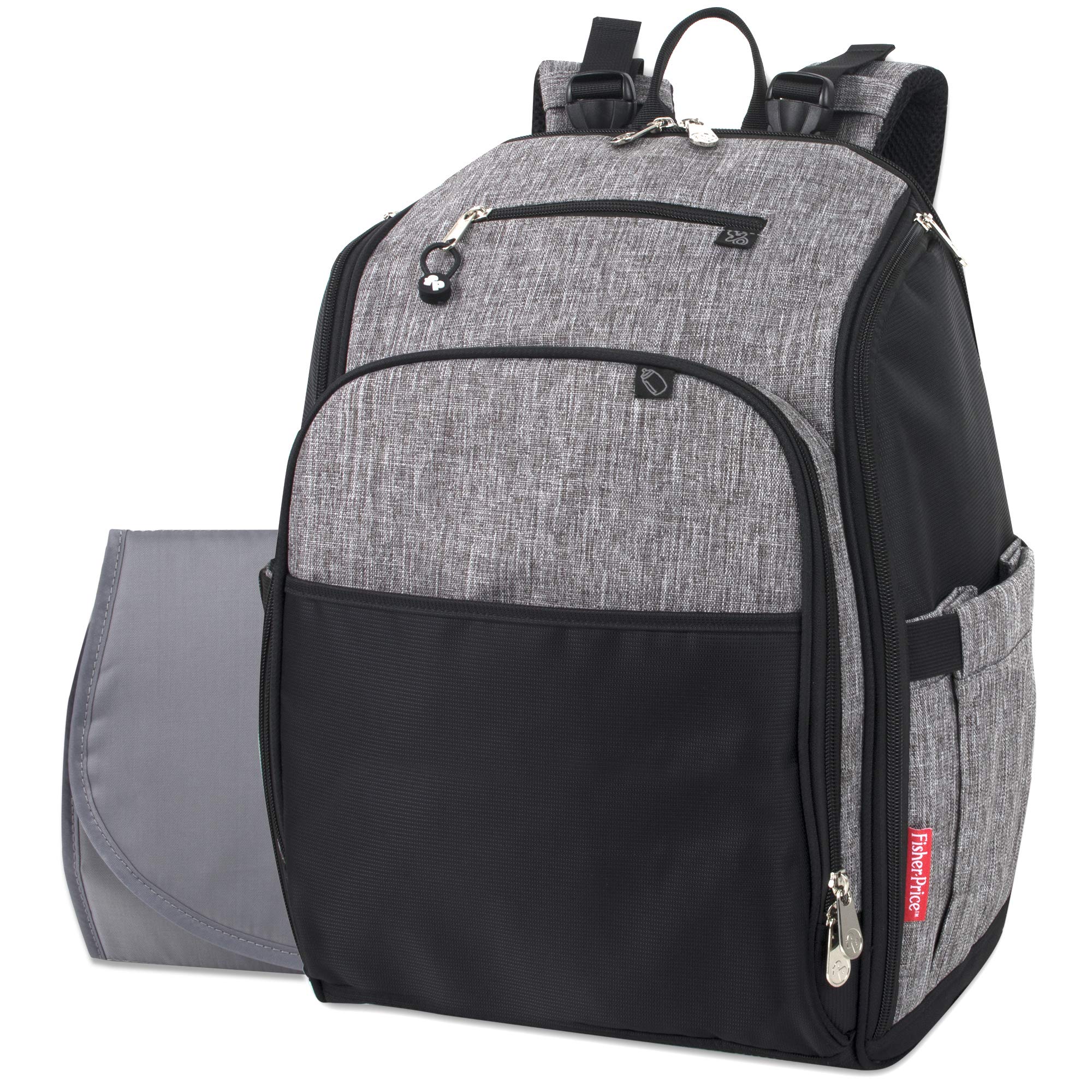 Fisher Price Diaper Bag Backpack with Changing Pad & Stroller Straps - Large Gray Baby Bag for Parents | Perfect for Travel, Daycare & On-the-Go Diaper Changes