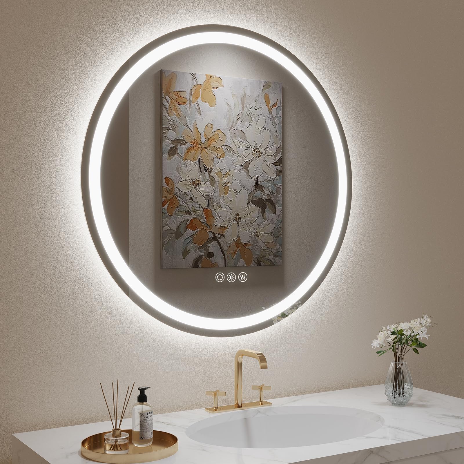 LOVESPEJO 32 Inch Round LED Bathroom Mirror with Anti-Fog, Dimmable Backlit Lights (3 Colors) - IP54 Waterproof Wall Mounted Vanity Mirror for Makeup, Shaving & Home Decor