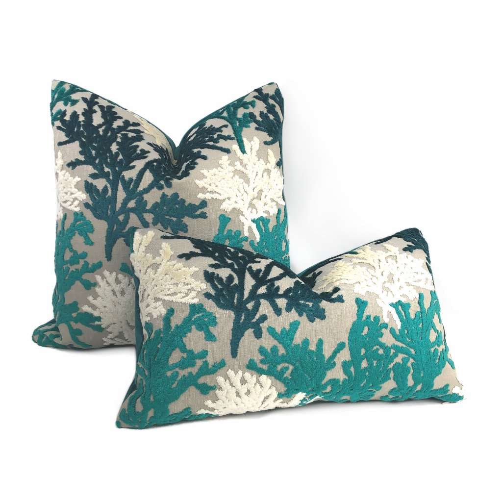 Lahaina Teal Green Cream Beige Coral Reef Cut Velvet Pillow Cover - Soft Decorative Throw Pillow Case for Sofa, Bed, Couch - Home Decor Living Room Bedroom Accessories