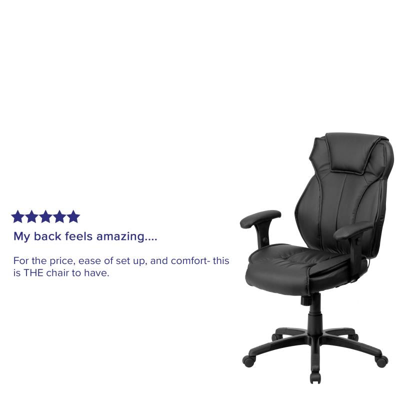 Premium Ergonomic High Back Executive Office Chair - FLASH Hansel Black LeatherSoft Swivel Chair with Lumbar Support & Adjustable Arms - Perfect for Home Office, Gaming & Workspace Comfort