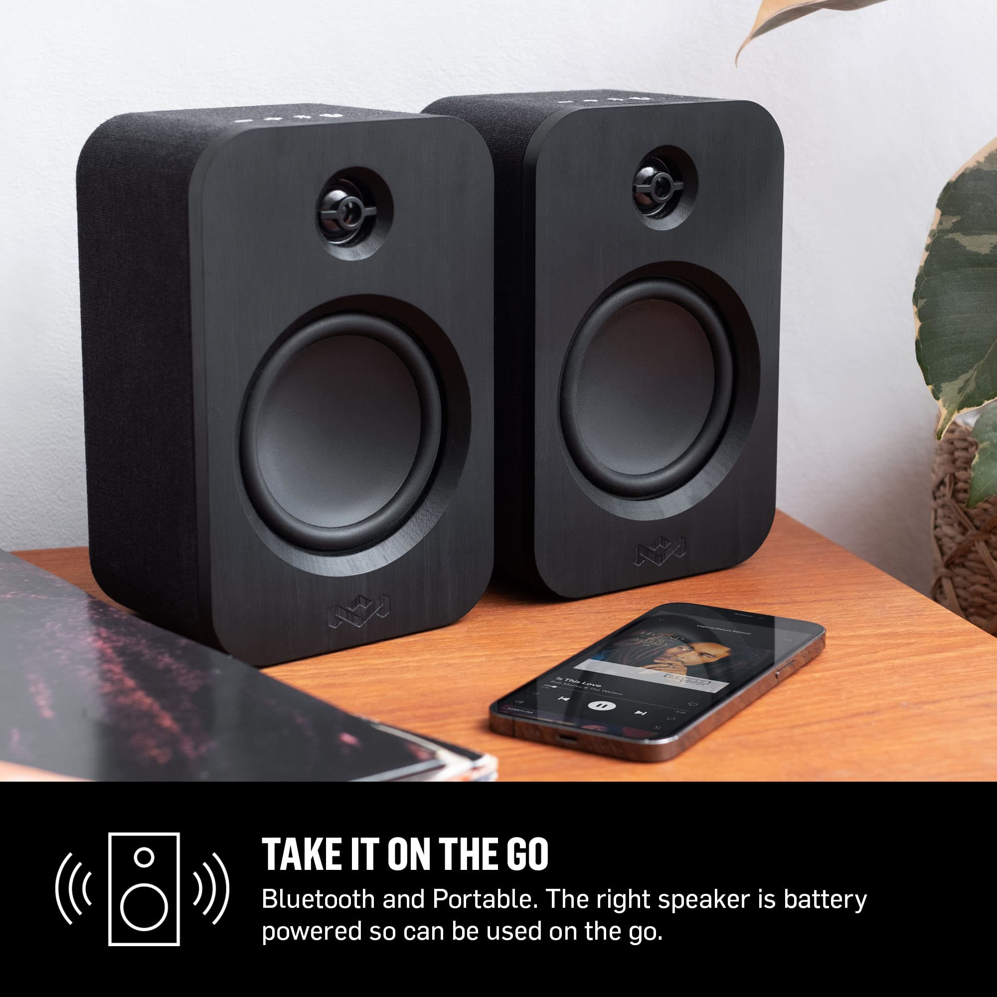 House of Marley Get Together Duo Wireless Bluetooth Bookshelf Speakers - High Definition Active Speakers with AUX Input, Turntable & Vinyl Record Player Compatibility - Sustainable Eco-Friendly Design for Home, Office & Music Studio Use