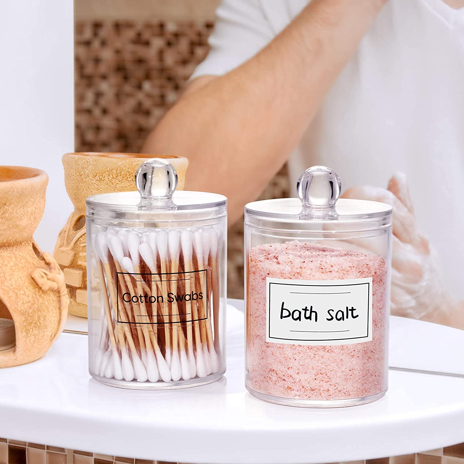 AOZITA 4-Pack Clear Plastic Apothecary Jars - 10 oz Cotton Ball Holder & Makeup Organizer for Bathroom Vanity, Cotton Pads, Swabs, Round Pads & Dental Floss Storage - Perfect for Home, Salon & Spa Organization