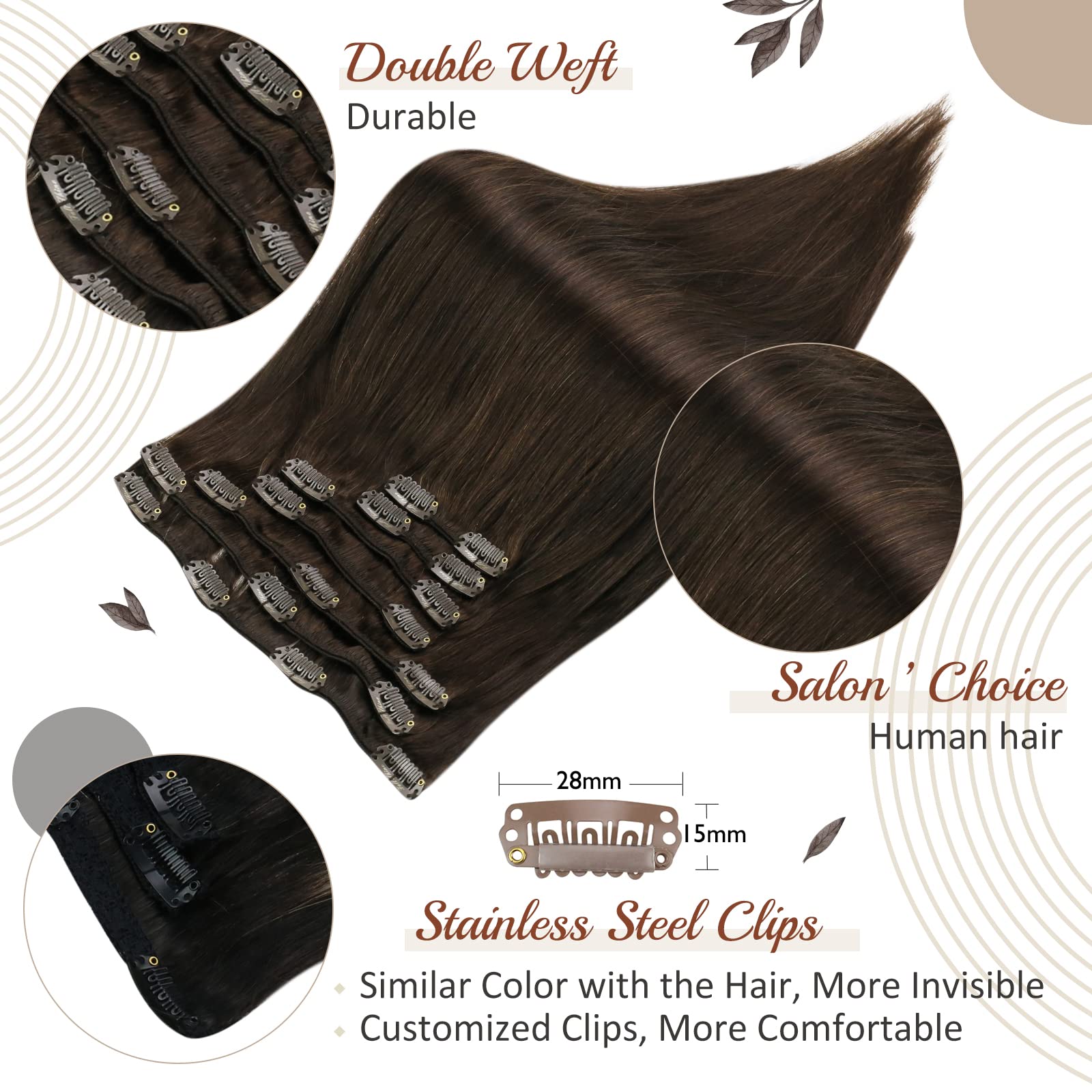Premium Full Shine Brown Weft Hair Extensions - 100% Real Remy Human Hair Bundles & Dark Brown Clip-Ins for Natural Volume & Length | Perfect for Daily Wear, Parties & Special Occasions