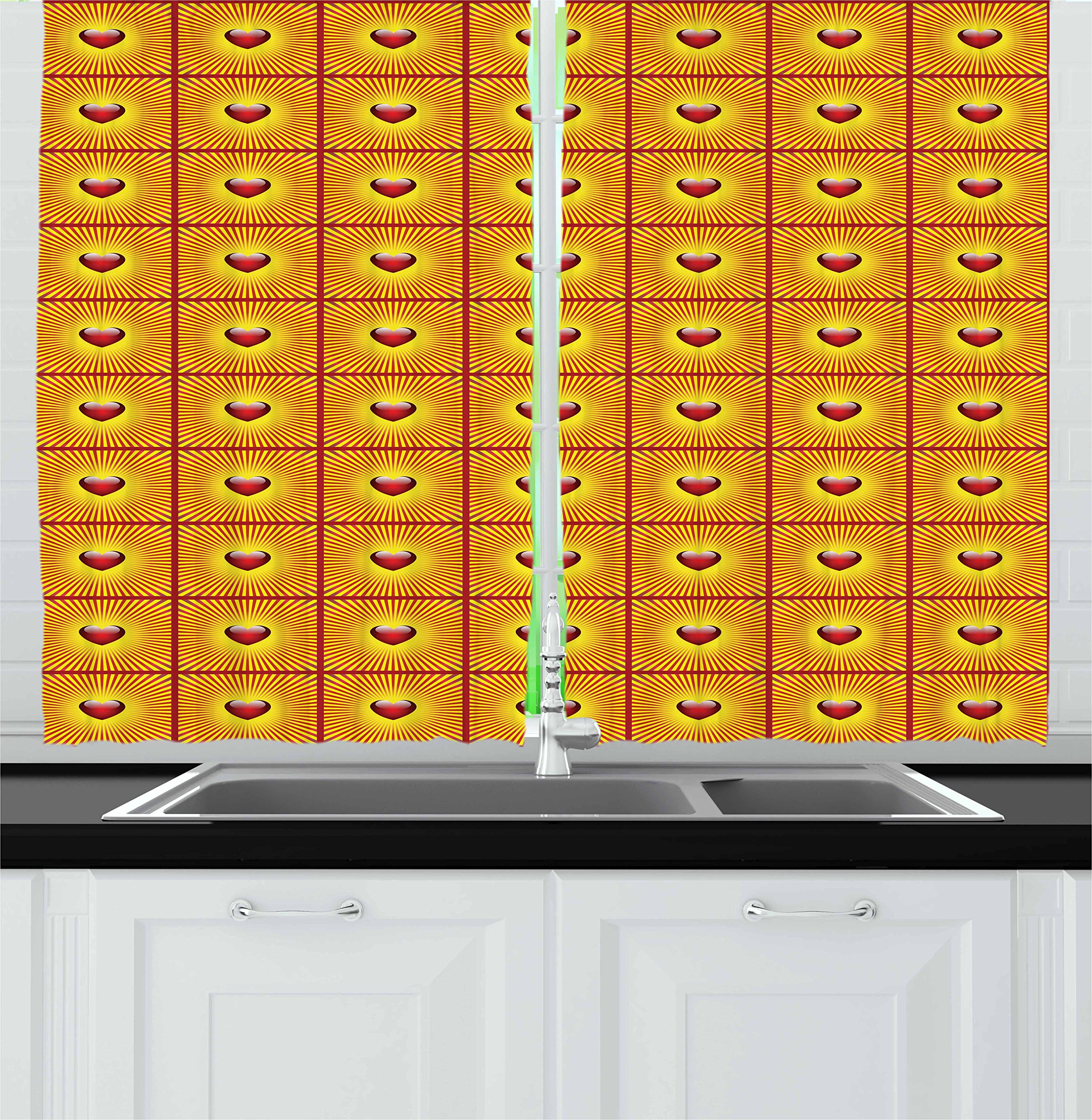 Ambesonne Heart Kitchen Curtains - Romantic Valentine's Day Striped Sunburst Window Drapes, 2 Panel Set for Kitchen & Cafe Decor, 55 x 39 Inches, Vermilion & Yellow - Perfect for Valentine's Decor, Bridal Shower, Anniversary & Romantic Home Decor