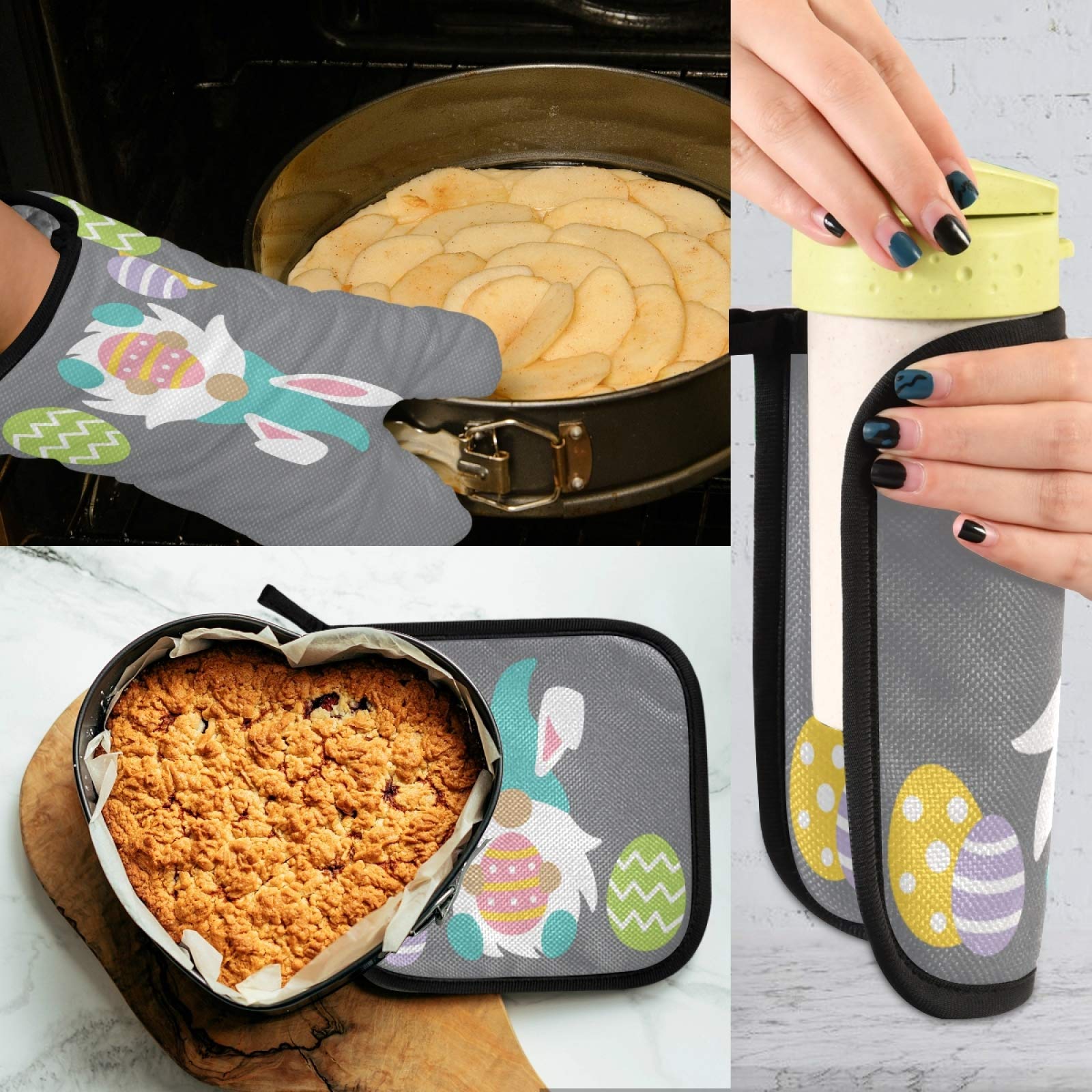 Cute Bunny Gnome Oven Mitts and Pot Holders Set - Heat Resistant Kitchen Gloves for Baking, Cooking & BBQ - Easter Home Decor & Gift Idea