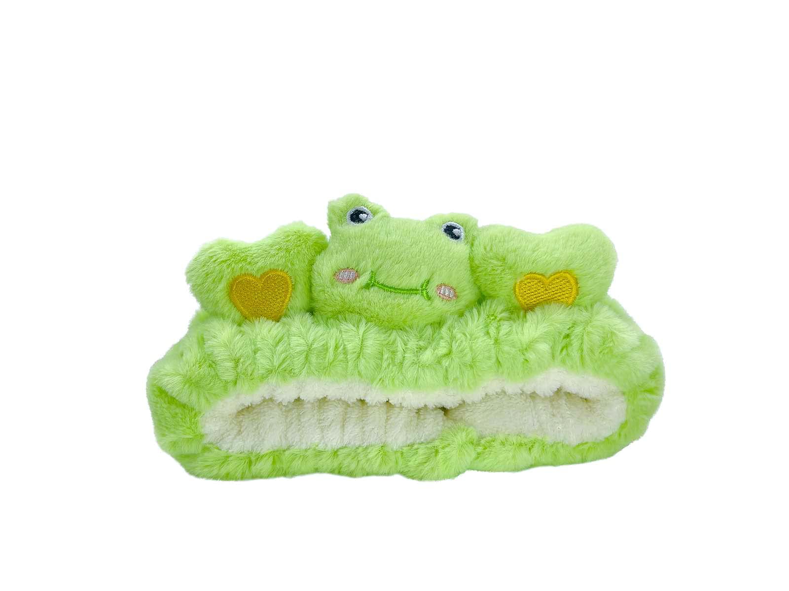 Soft Green Frog Microfiber Spa Headband for Women - Cute Kawaii Hair Band for Skincare, Makeup & Washing - Fluffy Towel Headbands for Girls - Perfect for Facial Care, Showering & Relaxation